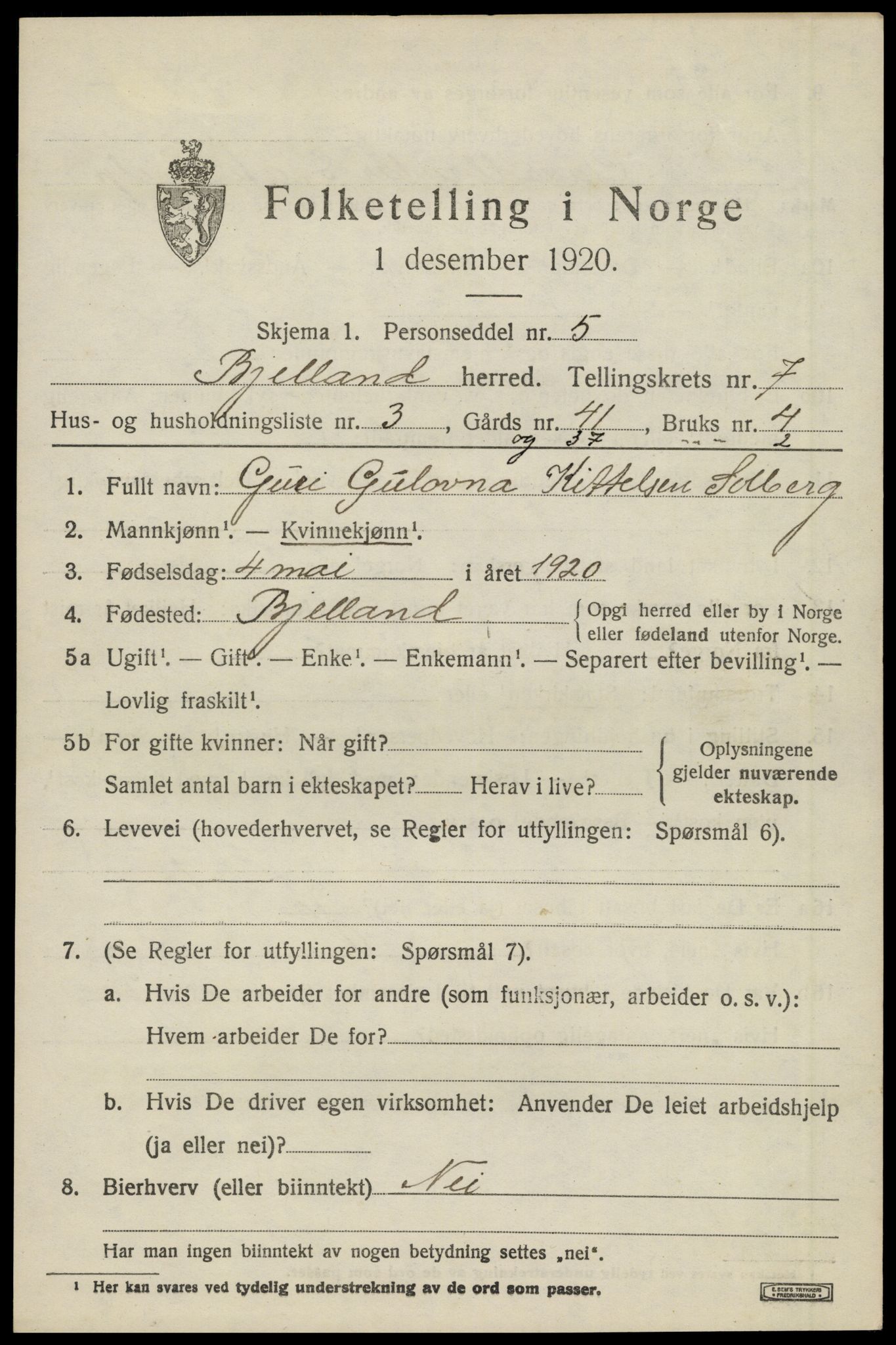 SAK, 1920 census for Bjelland, 1920, p. 2079