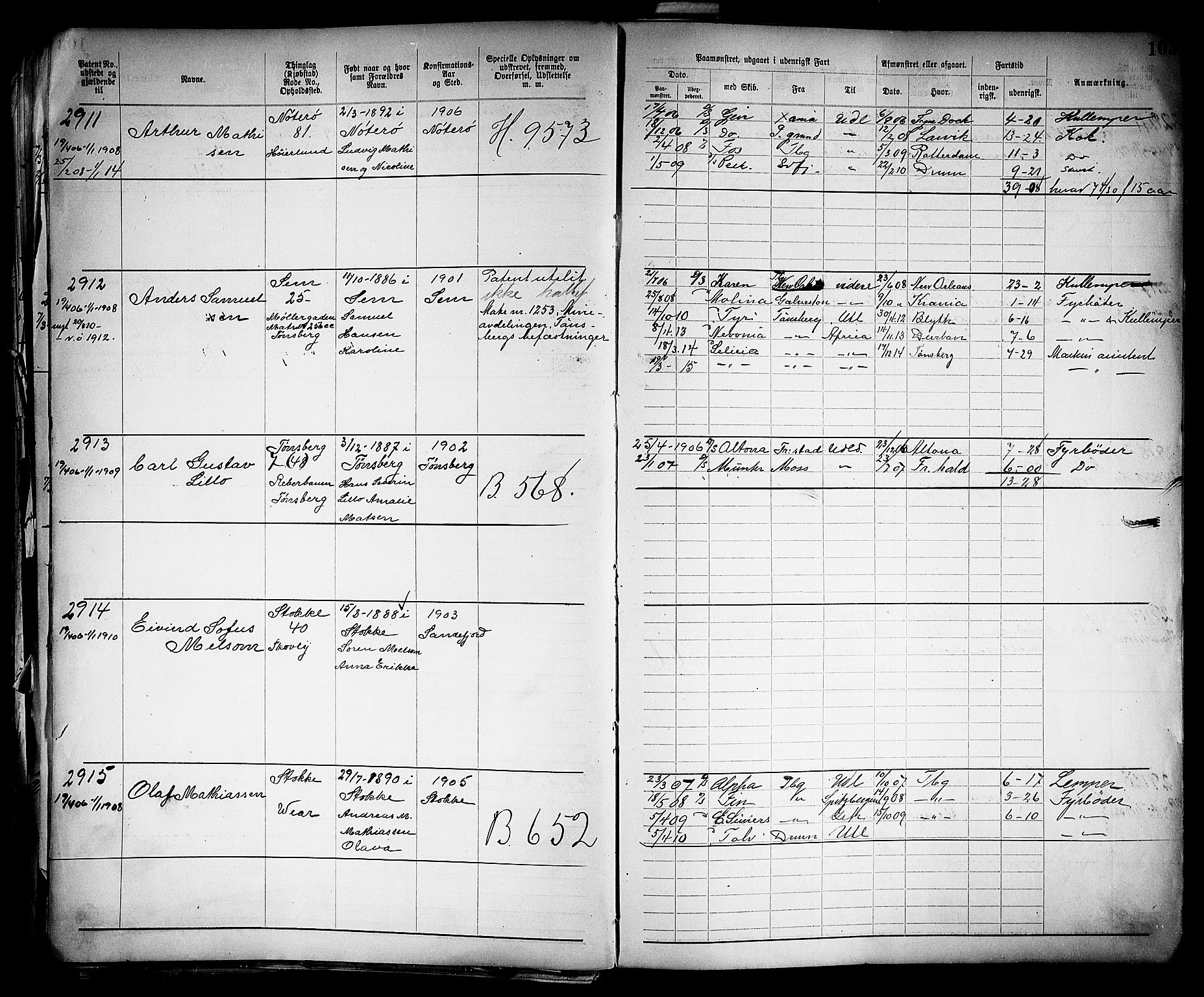 Tønsberg innrulleringskontor, SAKO/A-786/F/Fb/L0005: Annotasjonsrulle Patent nr. 2401-4080, 1904-1910, p. 107