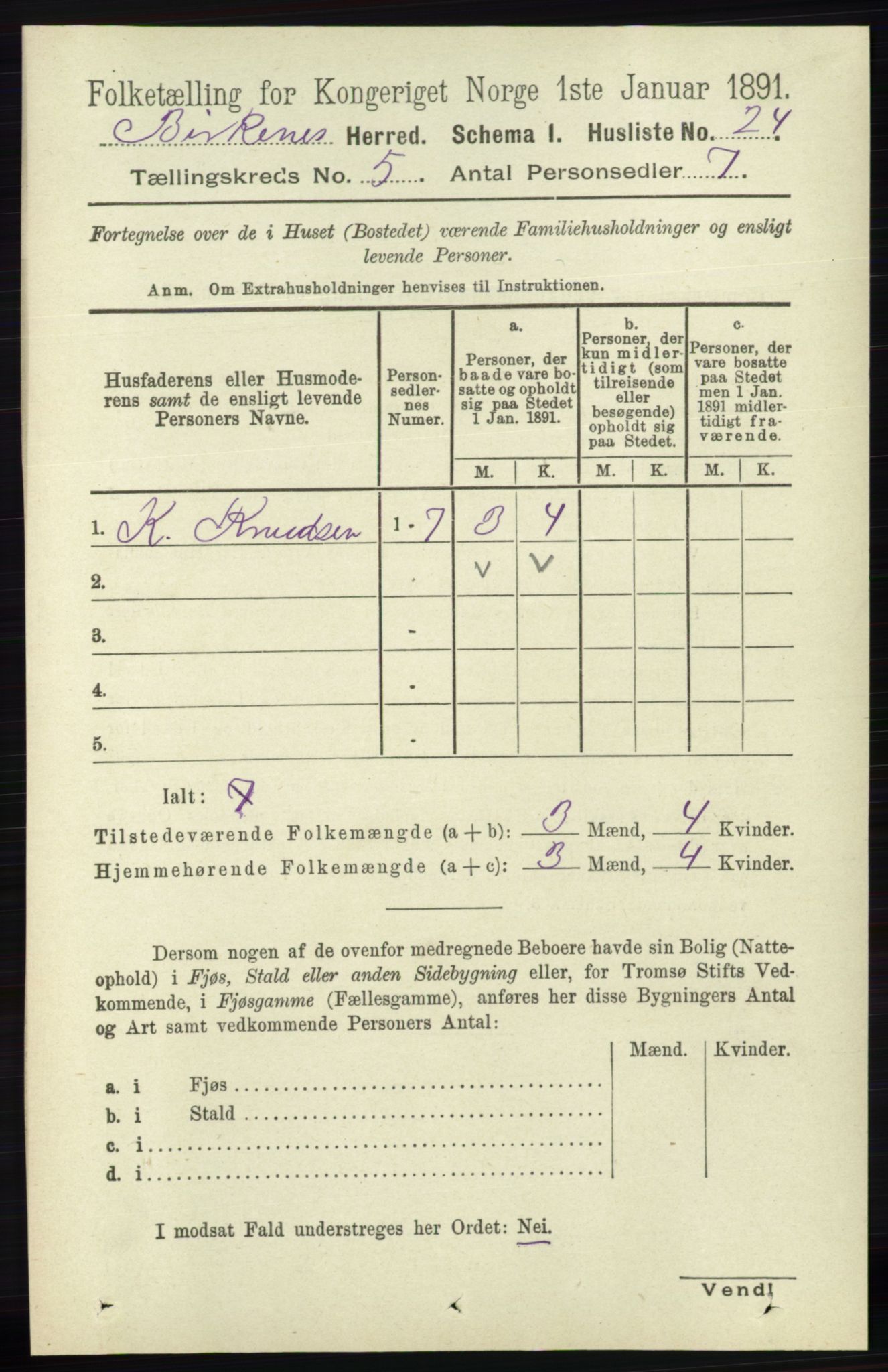 RA, 1891 Census for 0928 Birkenes, 1891, p. 1520