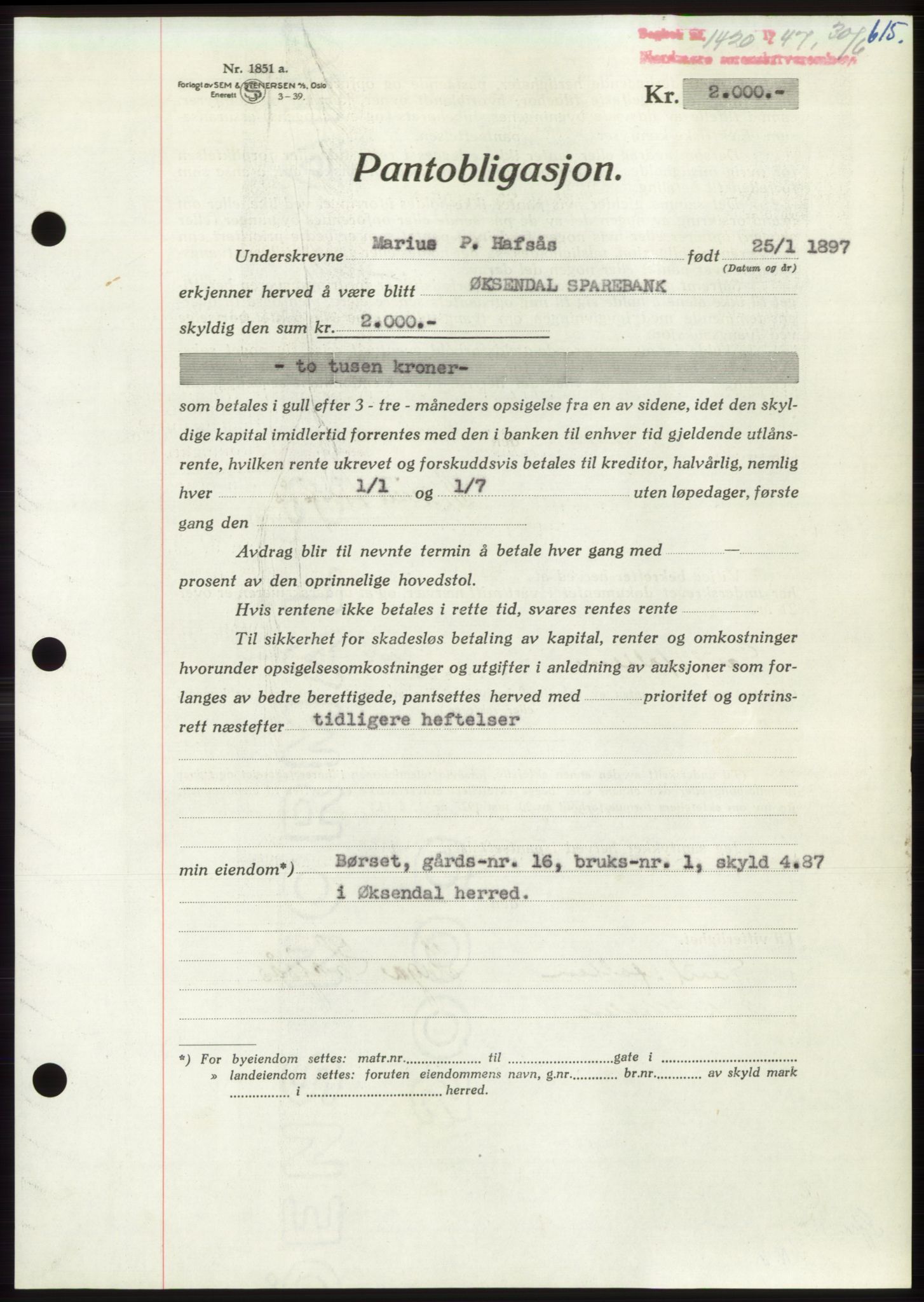 Nordmøre sorenskriveri, AV/SAT-A-4132/1/2/2Ca: Mortgage book no. B96, 1947-1947, Diary no: : 1420/1947