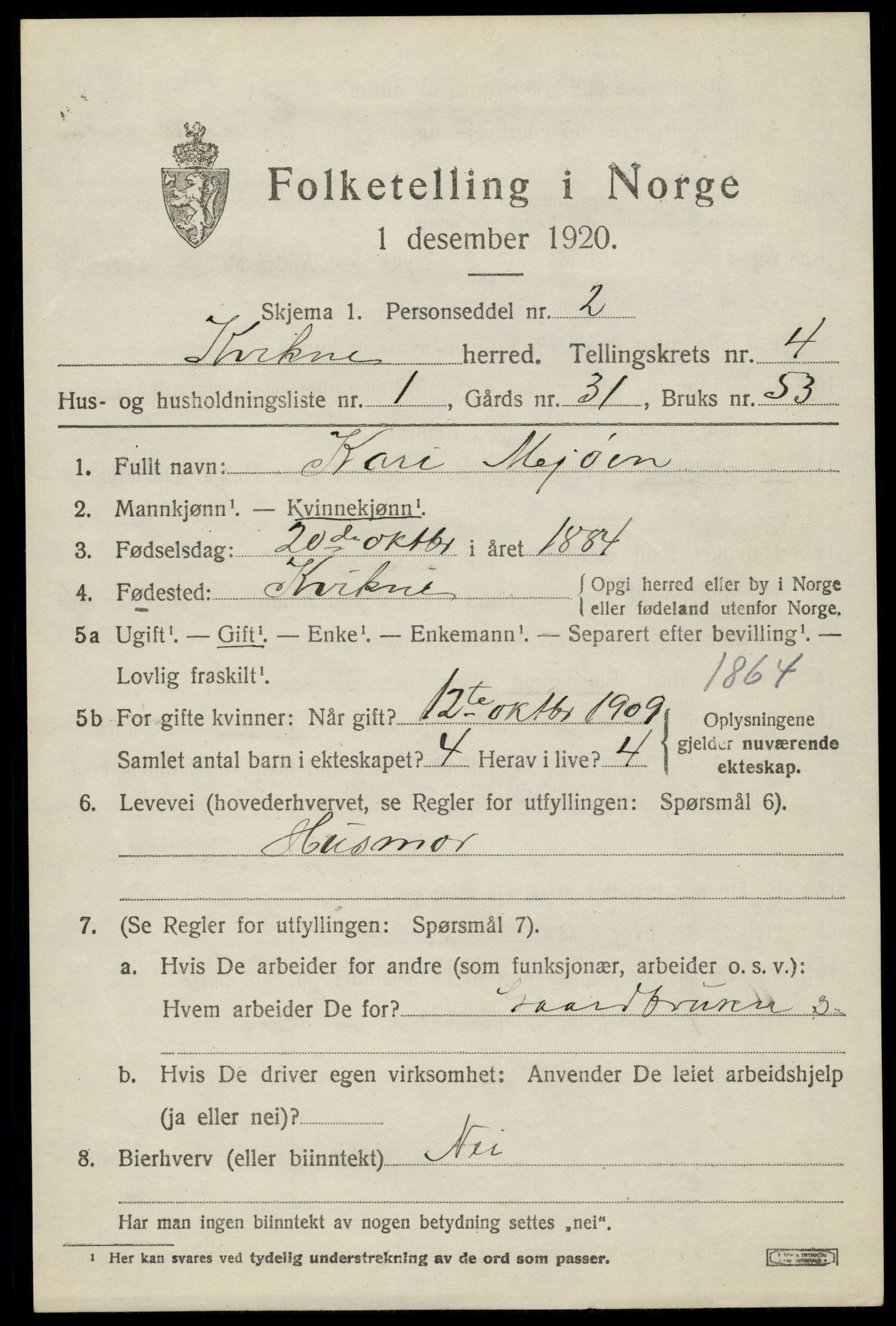 SAH, 1920 census for Kvikne, 1920, p. 1630