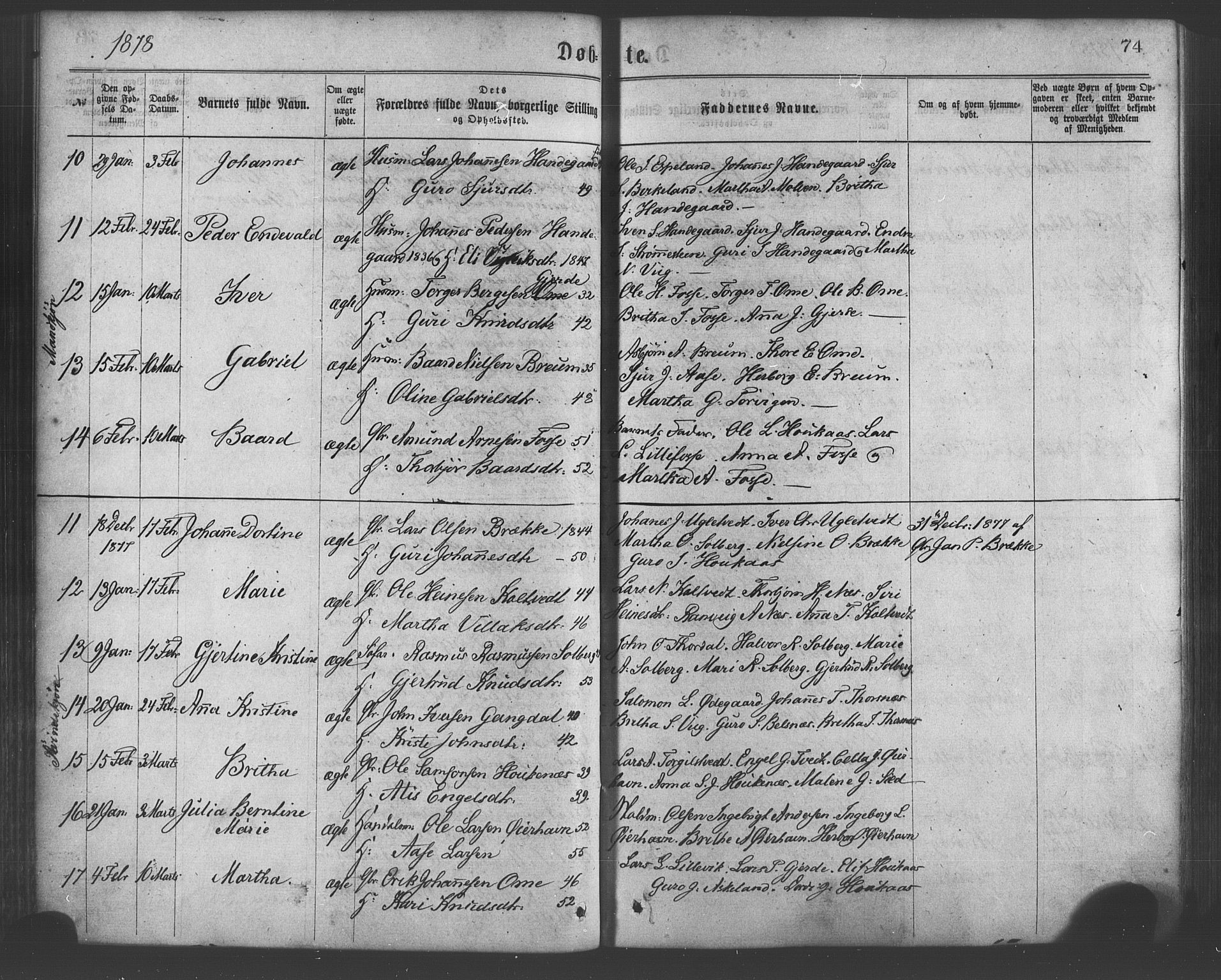 Strandebarm sokneprestembete, AV/SAB-A-78401/H/Haa: Parish register (official) no. A 9, 1872-1886, p. 74