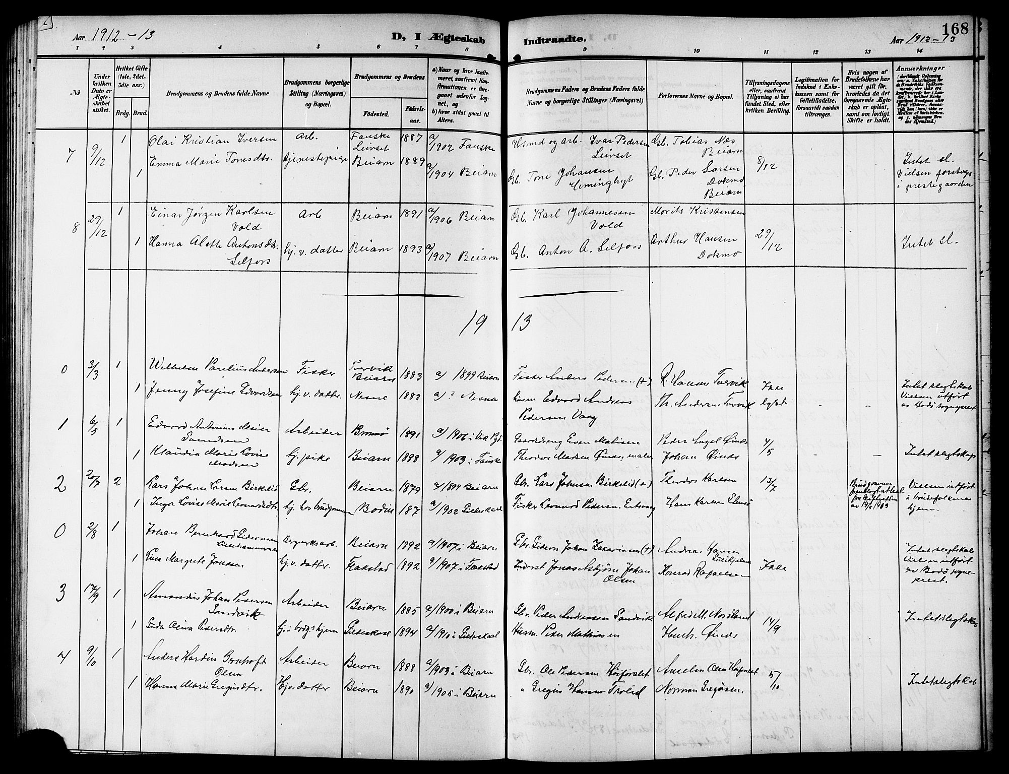 Ministerialprotokoller, klokkerbøker og fødselsregistre - Nordland, SAT/A-1459/846/L0655: Parish register (copy) no. 846C05, 1902-1916, p. 168