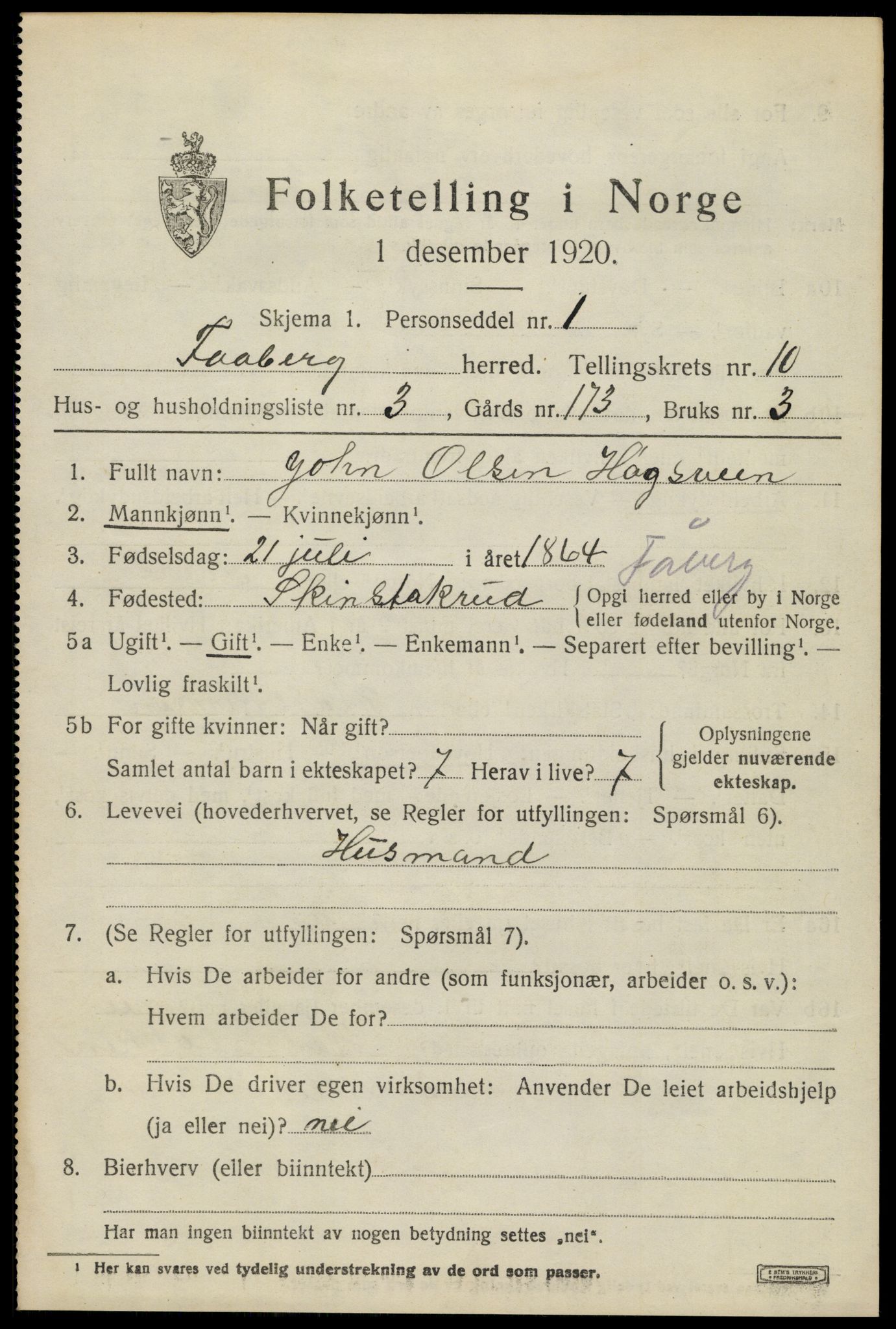 SAH, 1920 census for Fåberg, 1920, p. 11666