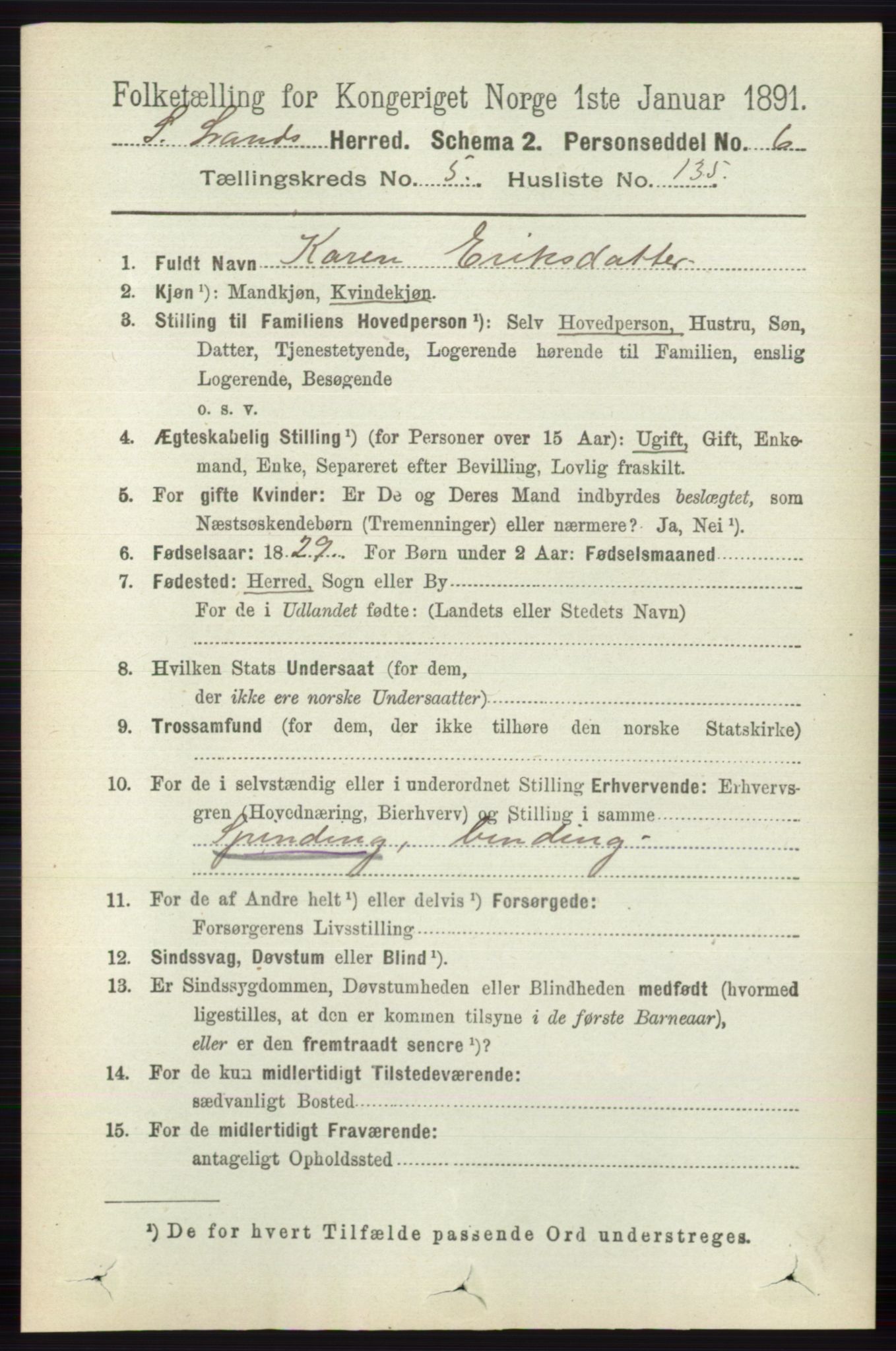 RA, 1891 census for 0536 Søndre Land, 1891, p. 5724