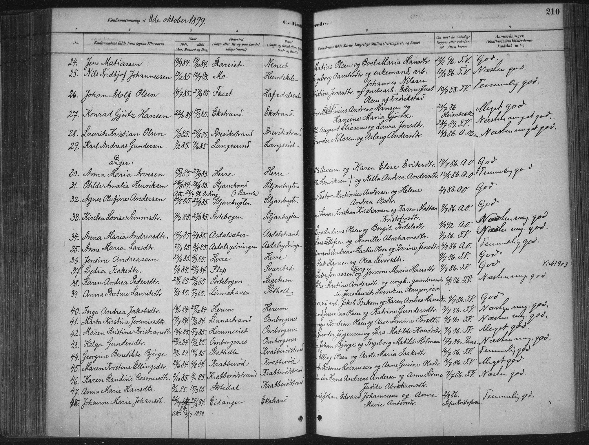 Bamble kirkebøker, SAKO/A-253/F/Fa/L0007: Parish register (official) no. I 7, 1878-1888, p. 210