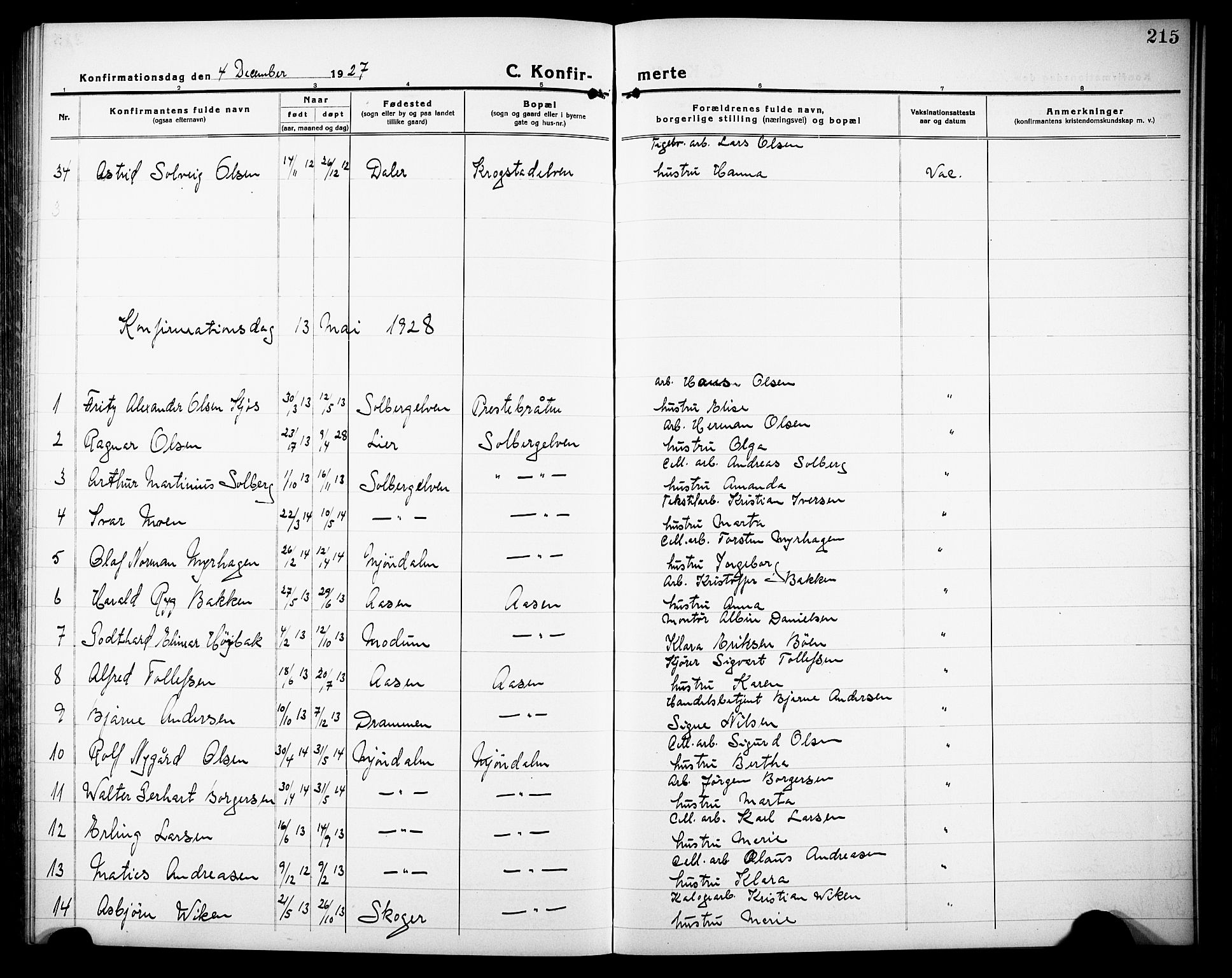 Nedre Eiker kirkebøker, AV/SAKO-A-612/G/Ga/L0006: Parish register (copy) no. 6, 1922-1933, p. 215