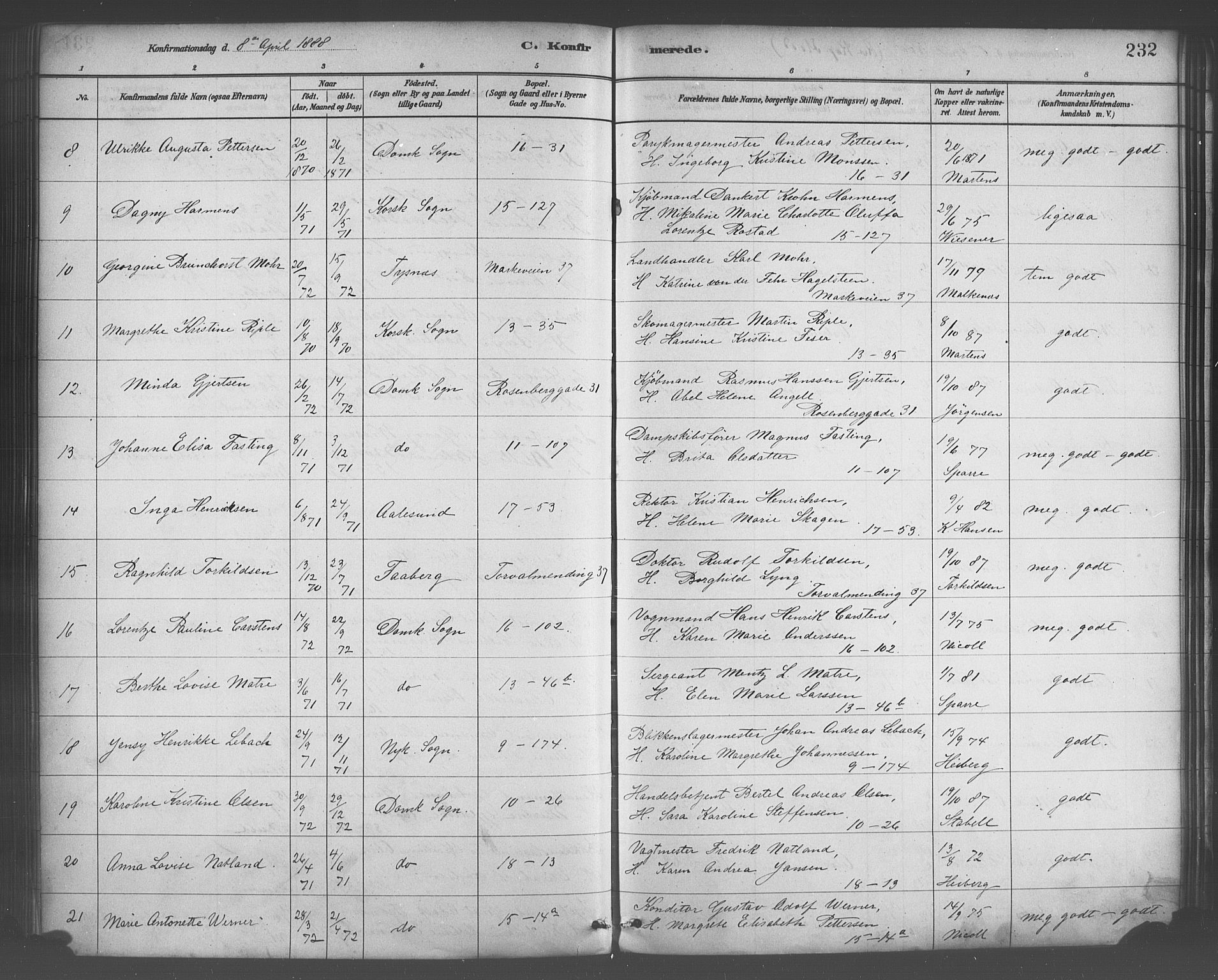 Domkirken sokneprestembete, SAB/A-74801/H/Haa/L0030: Parish register (official) no. C 5, 1880-1898, p. 232
