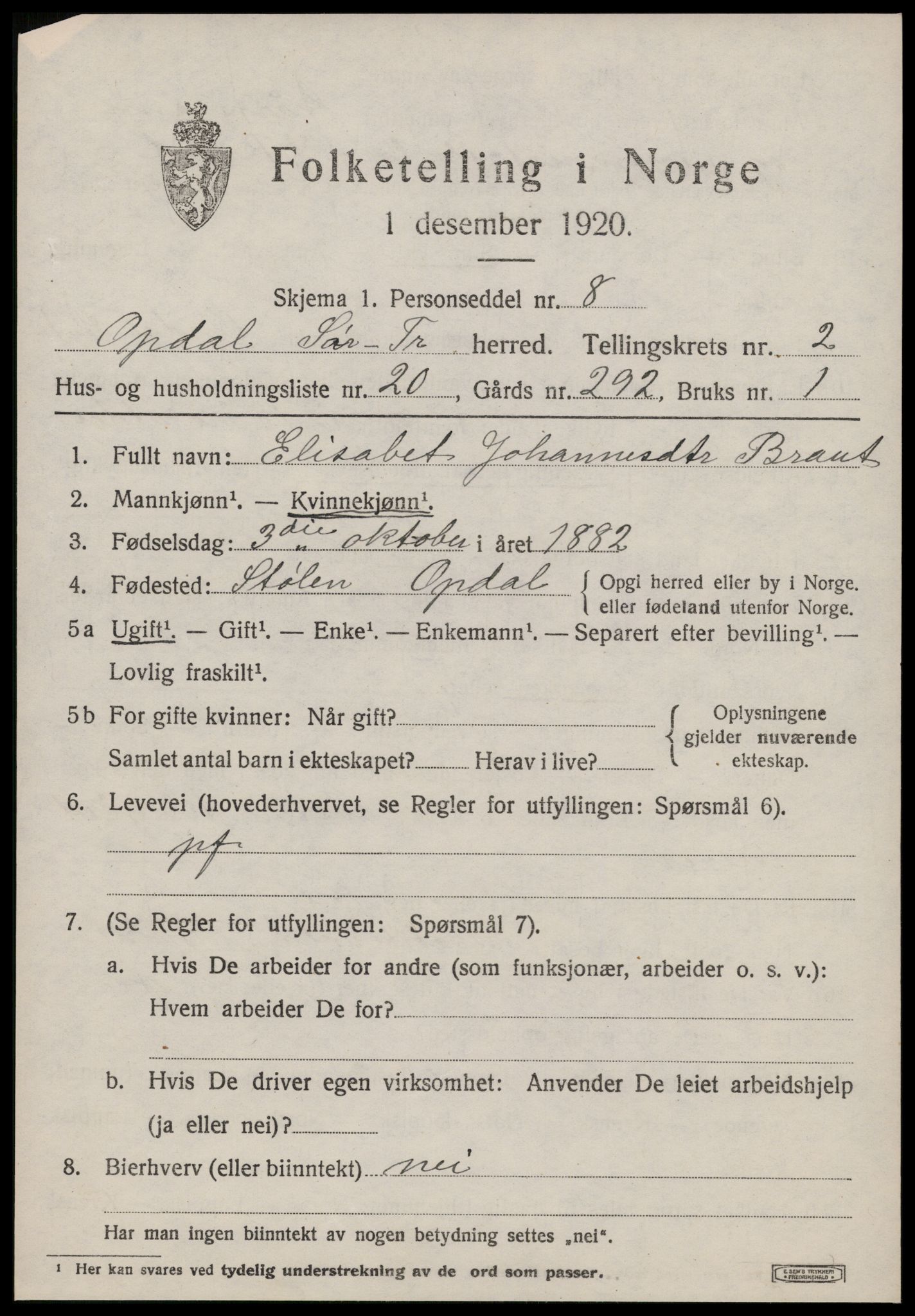 SAT, 1920 census for Oppdal, 1920, p. 2645