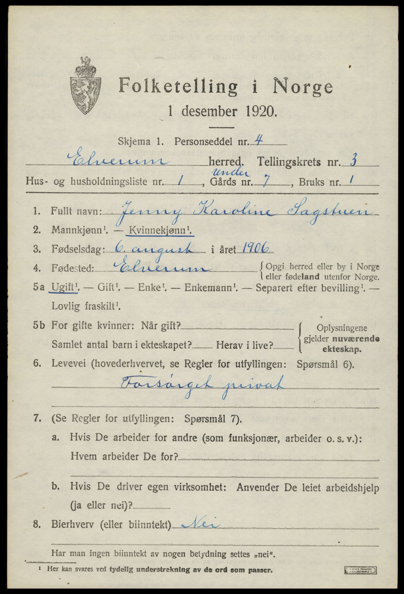 SAH, 1920 census for Elverum, 1920, p. 5990