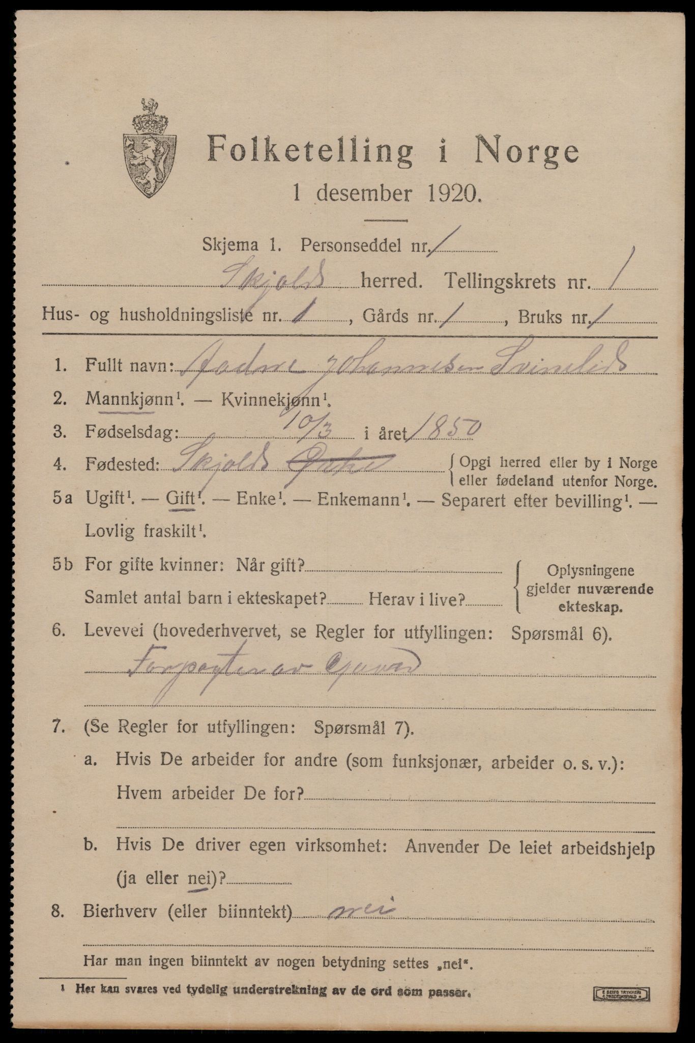 SAST, 1920 census for Skjold, 1920, p. 906