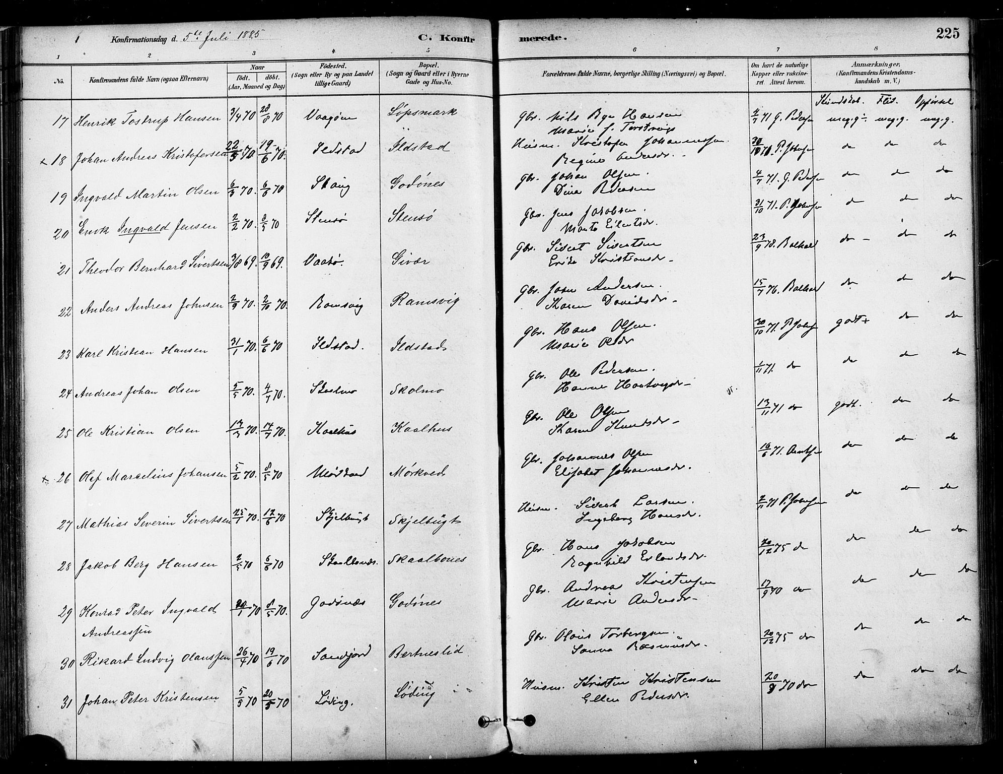 Ministerialprotokoller, klokkerbøker og fødselsregistre - Nordland, SAT/A-1459/802/L0054: Parish register (official) no. 802A01, 1879-1893, p. 225