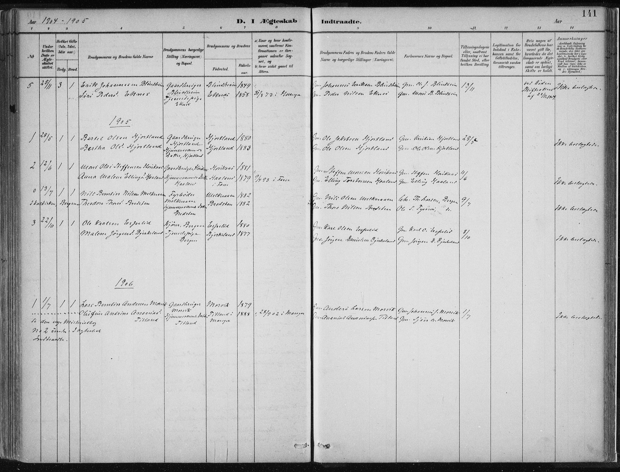 Hamre sokneprestembete, SAB/A-75501/H/Ha/Haa/Haad/L0001: Parish register (official) no. D  1, 1882-1906, p. 141