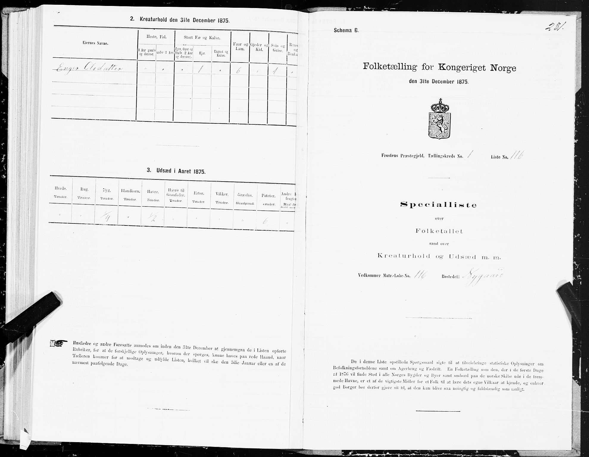 SAT, 1875 census for 1717P Frosta, 1875, p. 1231