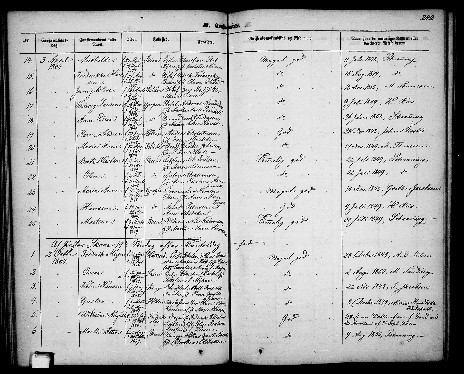 Skien kirkebøker, SAKO/A-302/G/Ga/L0004: Parish register (copy) no. 4, 1843-1867, p. 242