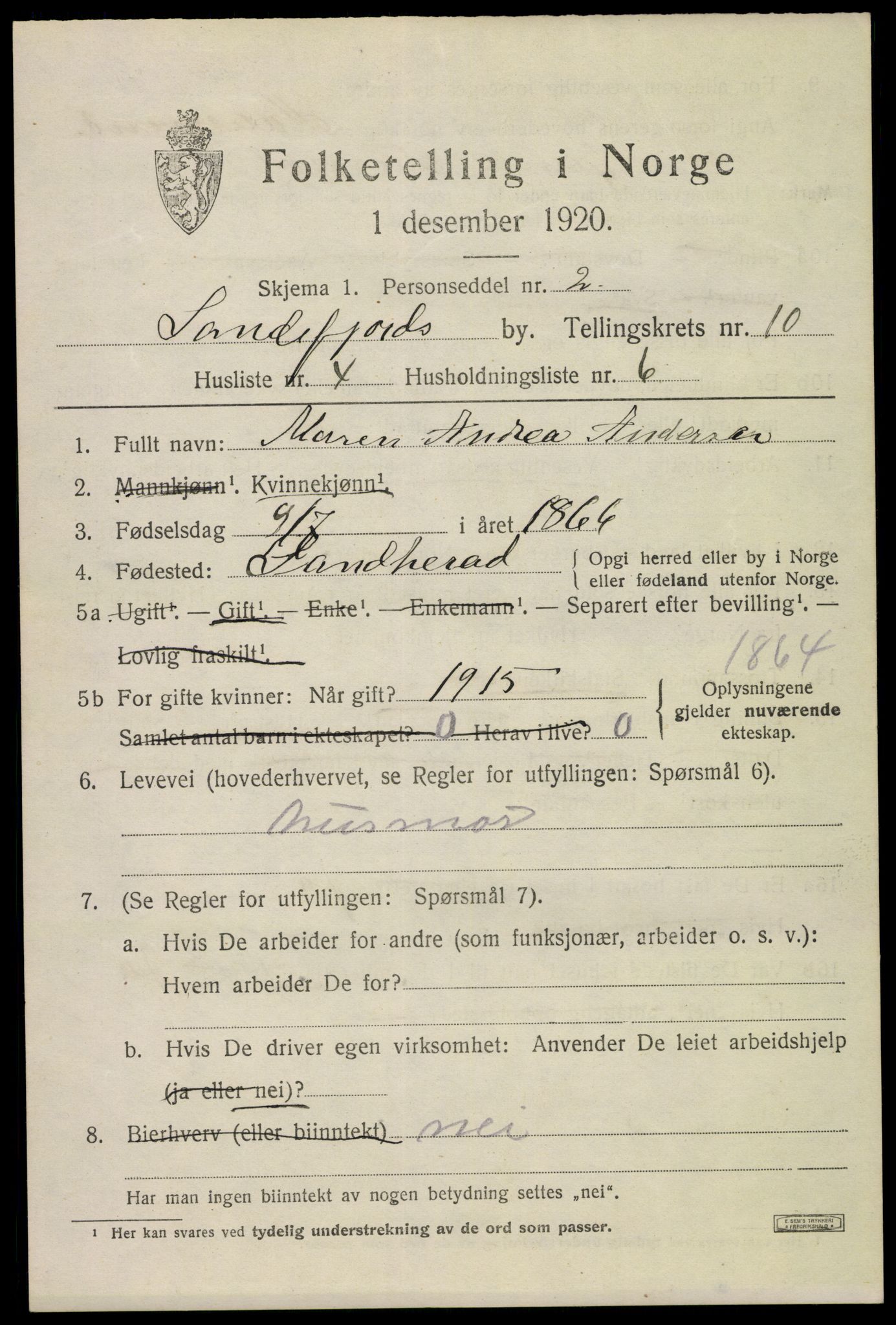 SAKO, 1920 census for Sandefjord, 1920, p. 14166