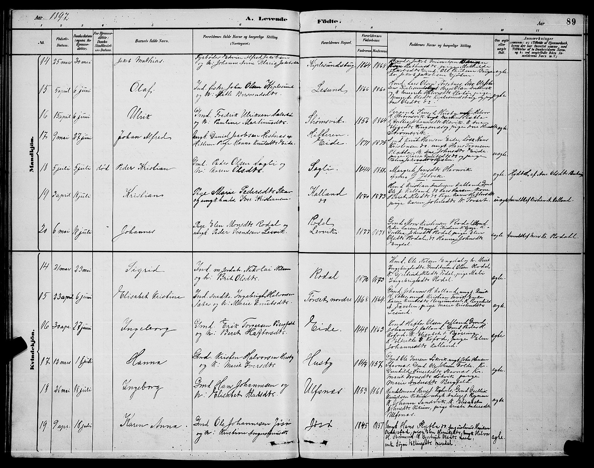 Ministerialprotokoller, klokkerbøker og fødselsregistre - Møre og Romsdal, AV/SAT-A-1454/578/L0909: Parish register (copy) no. 578C02, 1882-1900, p. 89