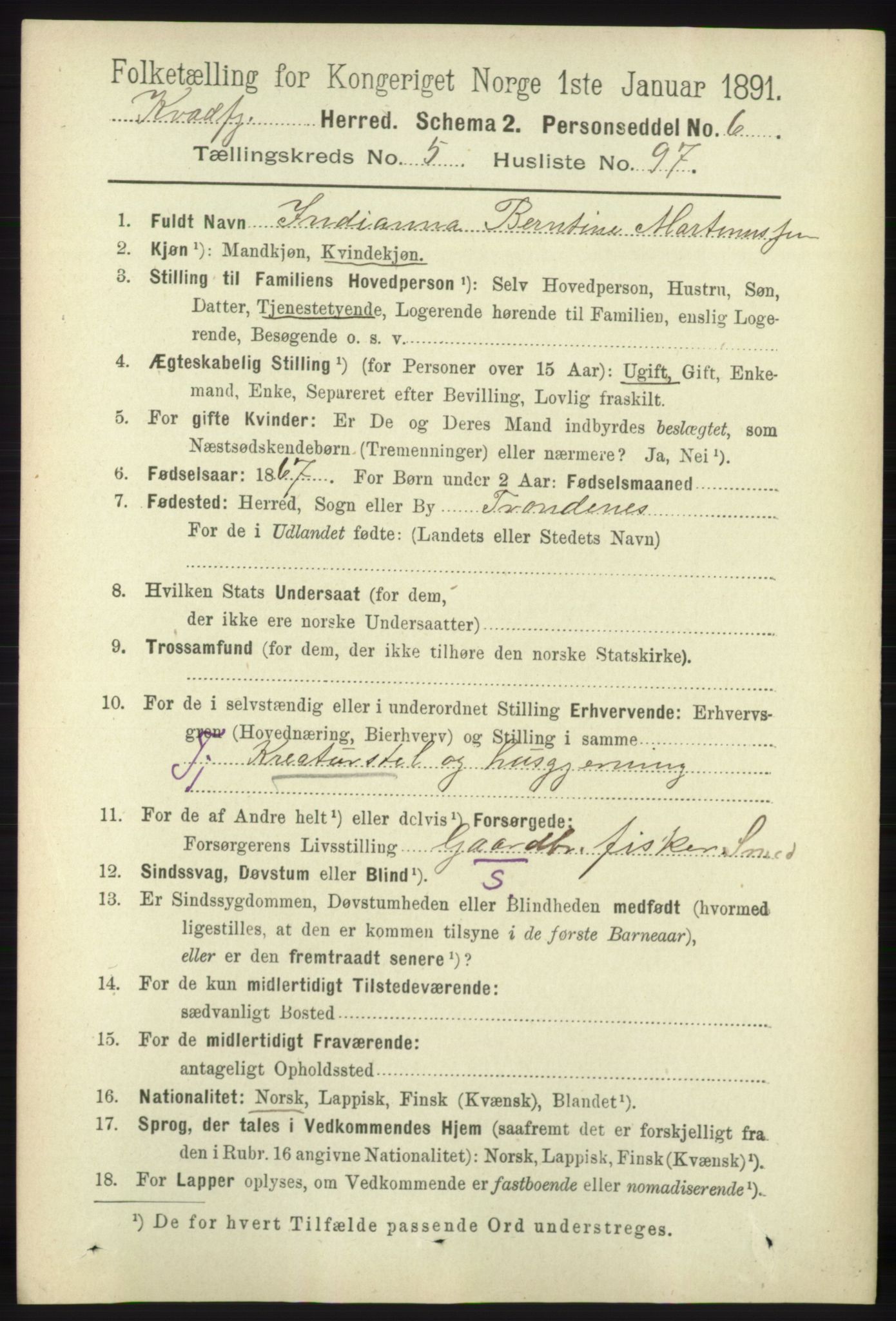 RA, 1891 census for 1911 Kvæfjord, 1891, p. 3458