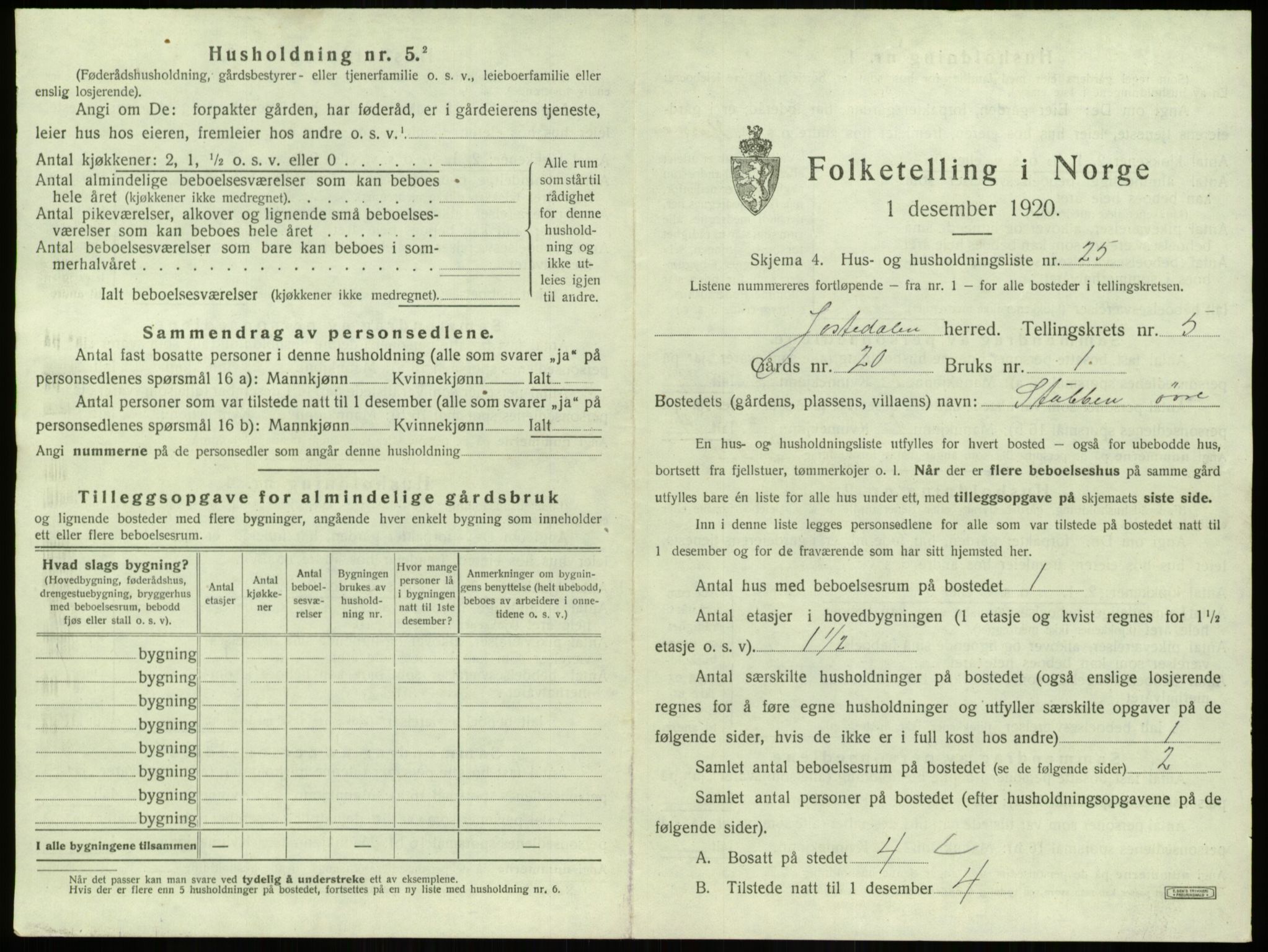 SAB, 1920 census for Jostedal, 1920, p. 302