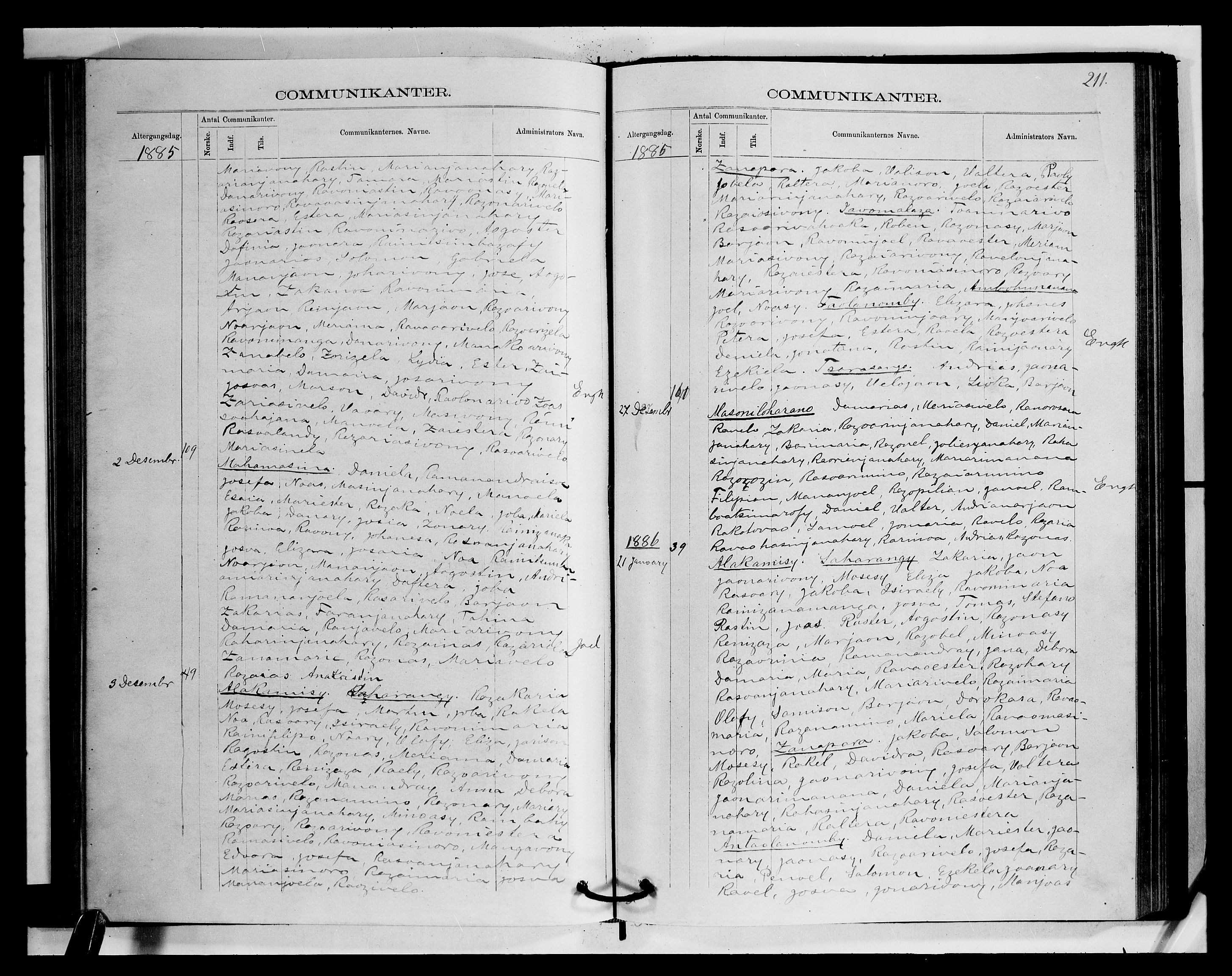 Archives FLM/NMS, Madagaskar, VID/MA-A-1163/D/Db/L0270: Parish register (official) no. 2, 1883-1886, p. 211