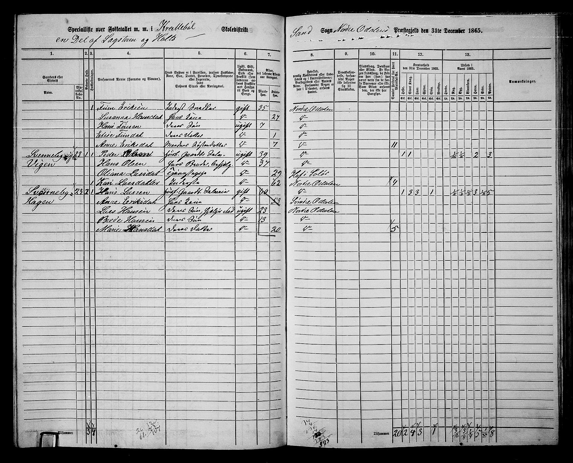 RA, 1865 census for Nord-Odal, 1865, p. 96