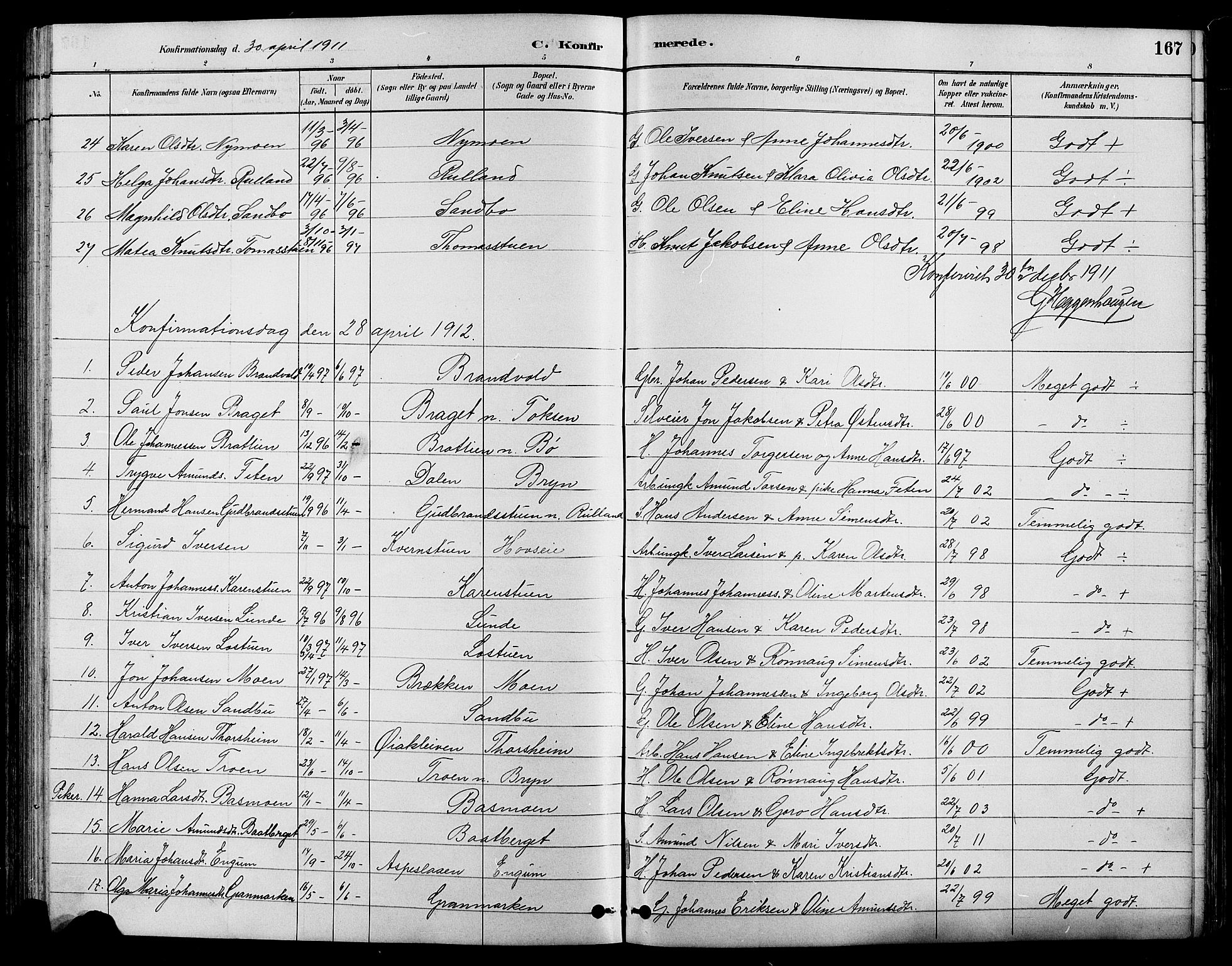 Nord-Fron prestekontor, SAH/PREST-080/H/Ha/Hab/L0004: Parish register (copy) no. 4, 1884-1914, p. 167