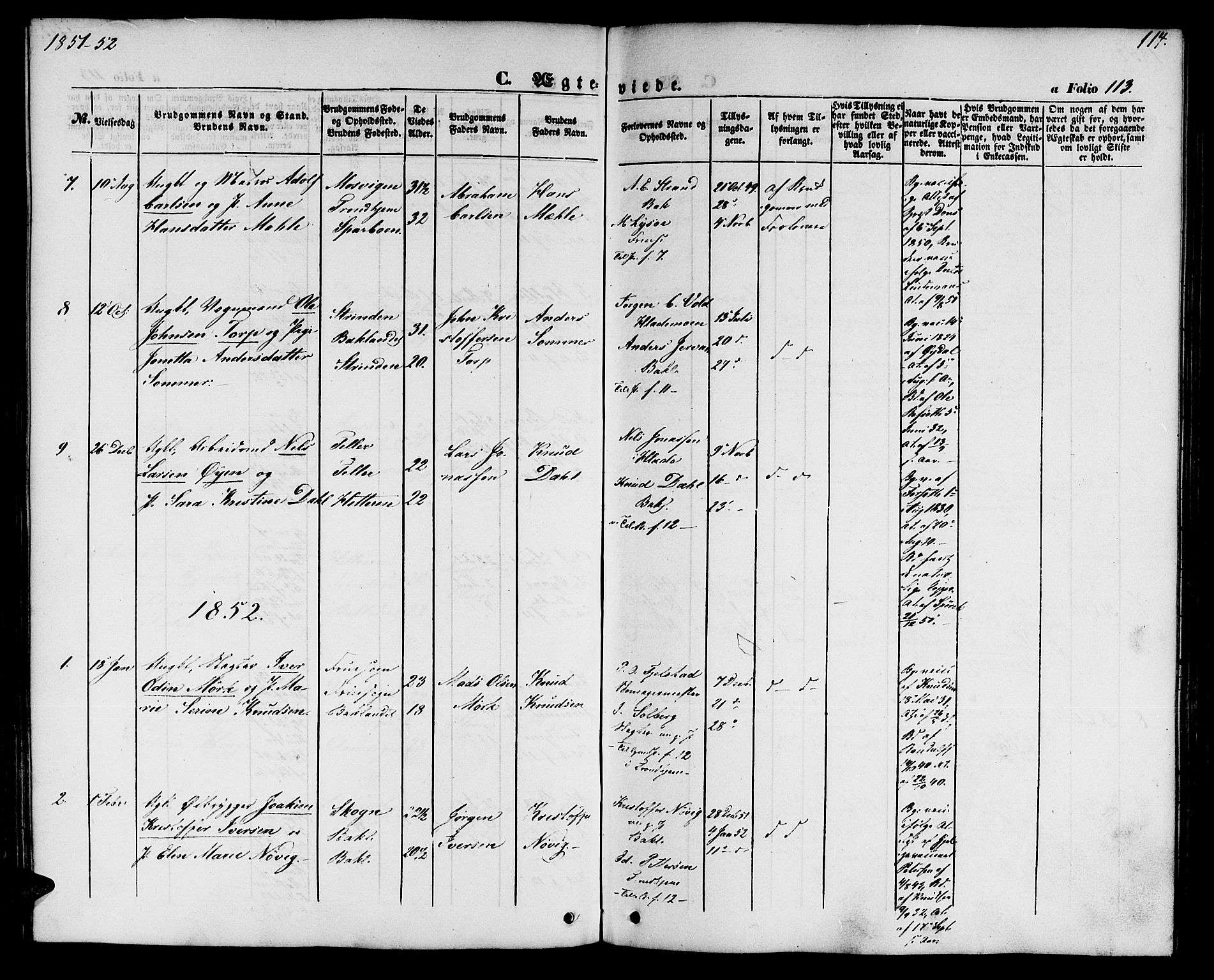 Ministerialprotokoller, klokkerbøker og fødselsregistre - Sør-Trøndelag, SAT/A-1456/604/L0184: Parish register (official) no. 604A05, 1851-1860, p. 114