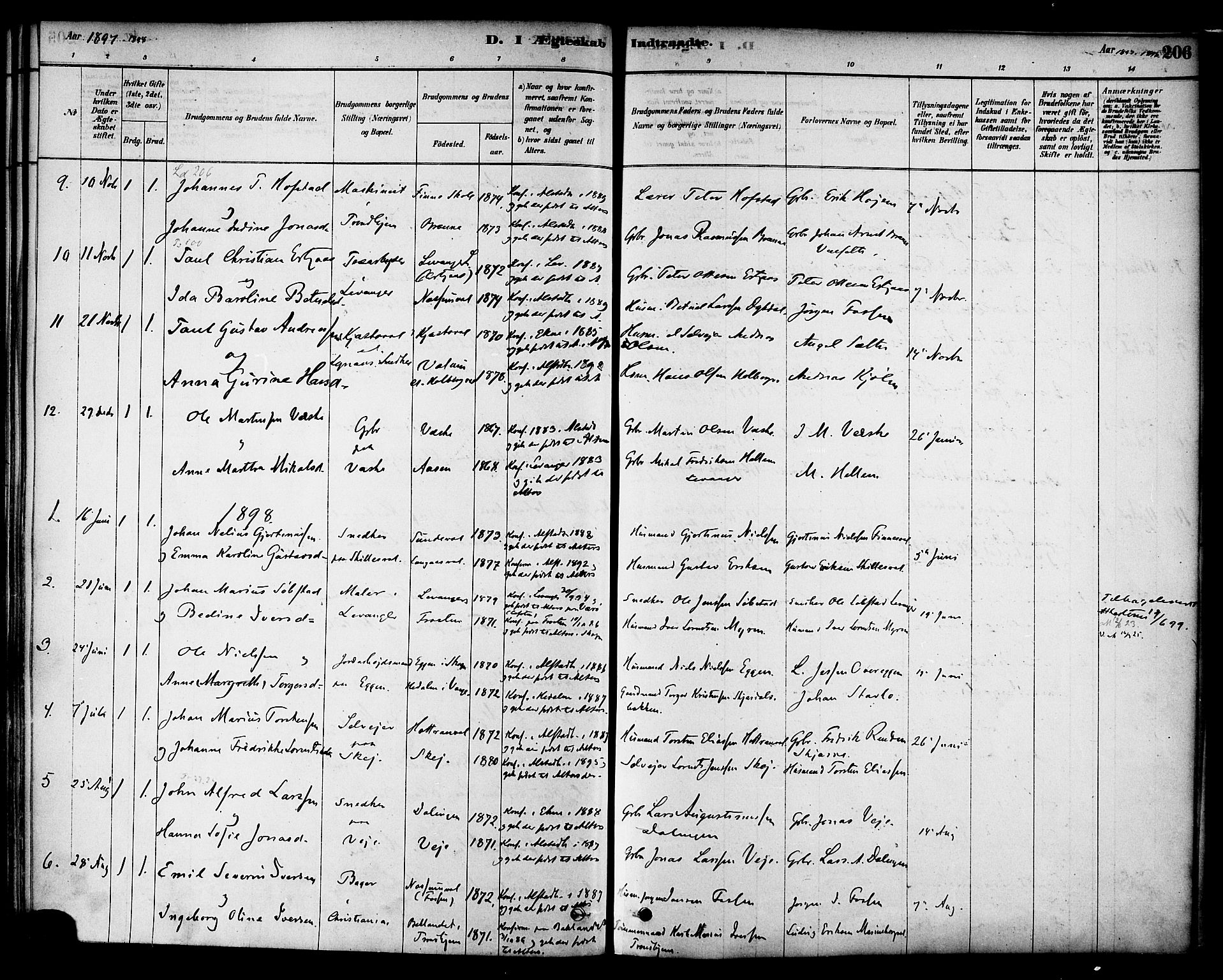 Ministerialprotokoller, klokkerbøker og fødselsregistre - Nord-Trøndelag, AV/SAT-A-1458/717/L0159: Parish register (official) no. 717A09, 1878-1898, p. 206