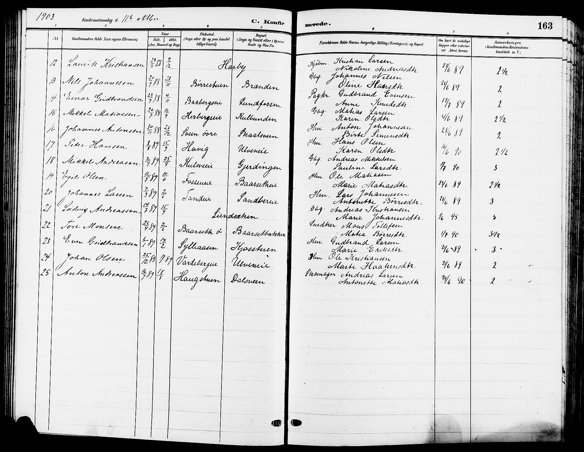 Ringsaker prestekontor, SAH/PREST-014/L/La/L0015: Parish register (copy) no. 15, 1903-1912, p. 163