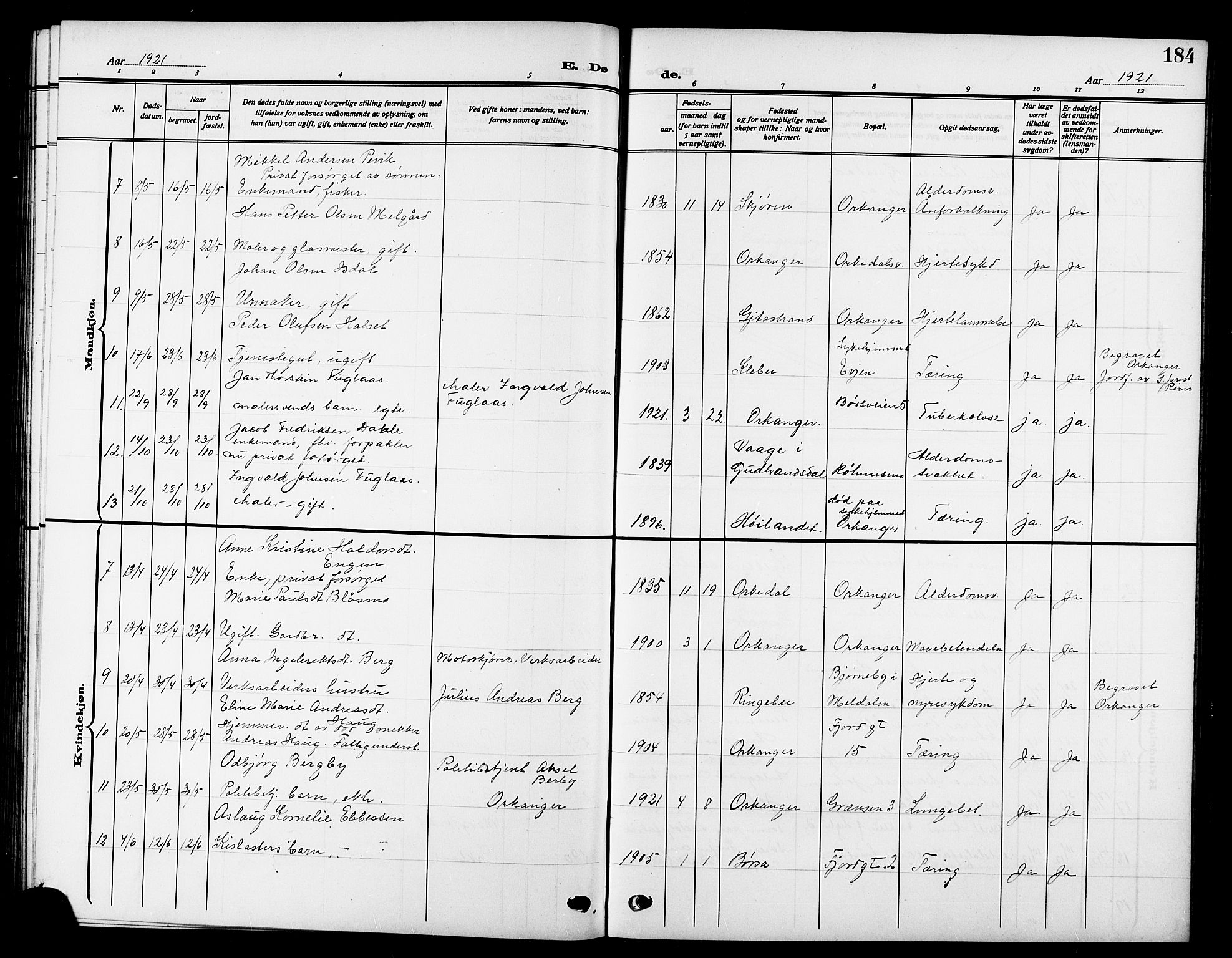 Ministerialprotokoller, klokkerbøker og fødselsregistre - Sør-Trøndelag, SAT/A-1456/669/L0831: Parish register (copy) no. 669C01, 1909-1924, p. 184