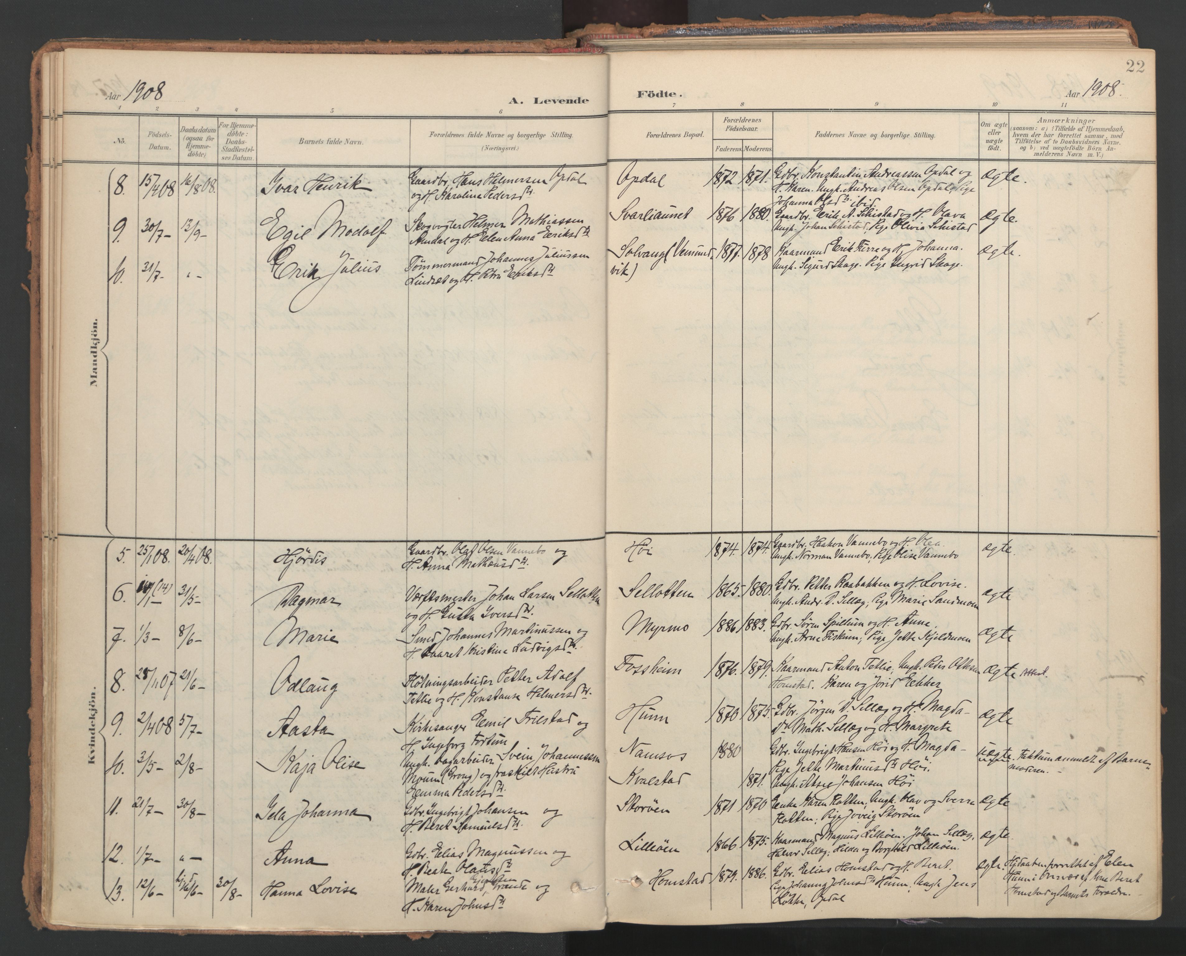 Ministerialprotokoller, klokkerbøker og fødselsregistre - Nord-Trøndelag, SAT/A-1458/766/L0564: Parish register (official) no. 767A02, 1900-1932, p. 22