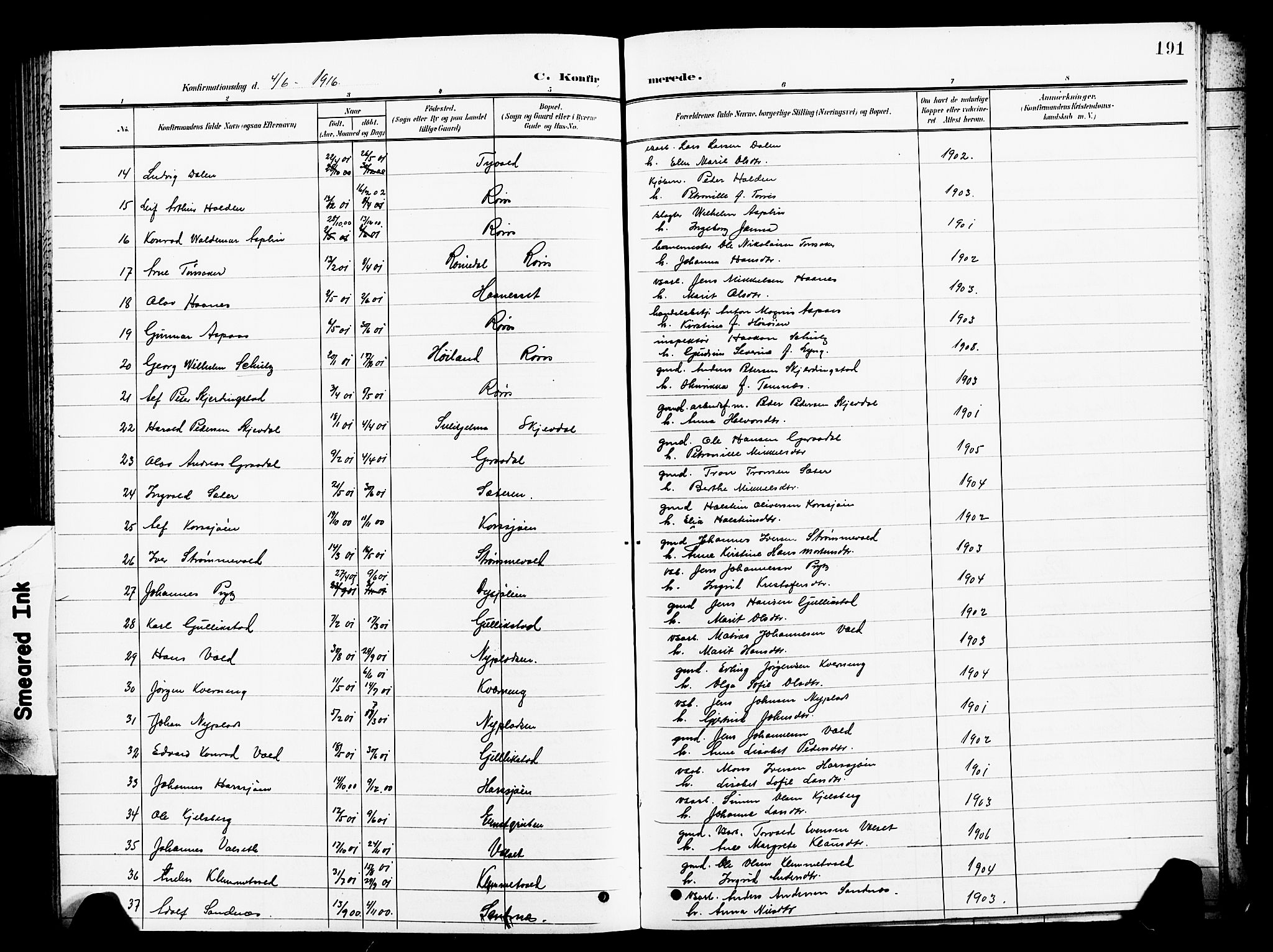 Ministerialprotokoller, klokkerbøker og fødselsregistre - Sør-Trøndelag, SAT/A-1456/681/L0942: Parish register (copy) no. 681C06, 1906-1925, p. 191