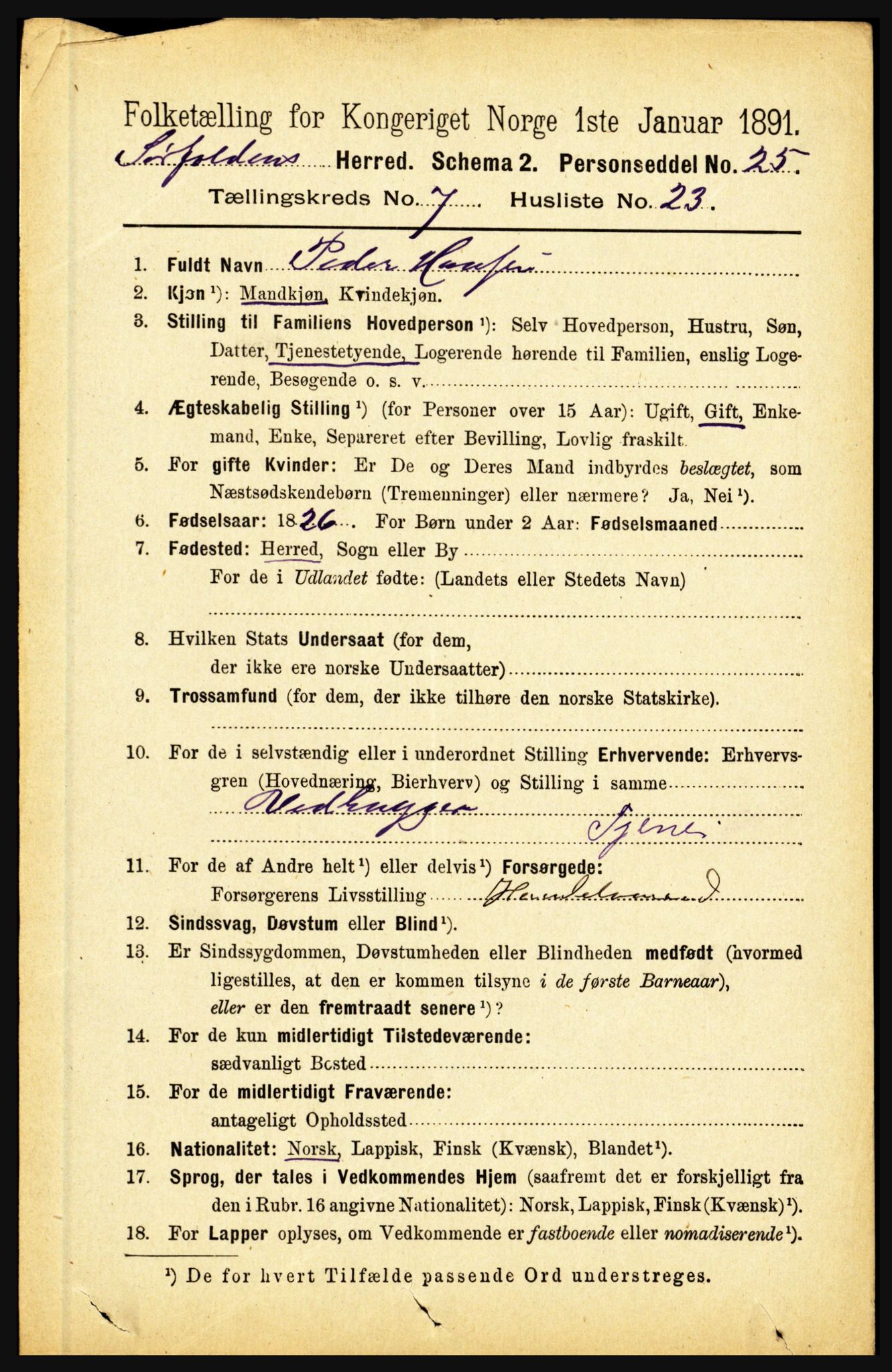 RA, 1891 census for 1845 Sørfold, 1891, p. 2361