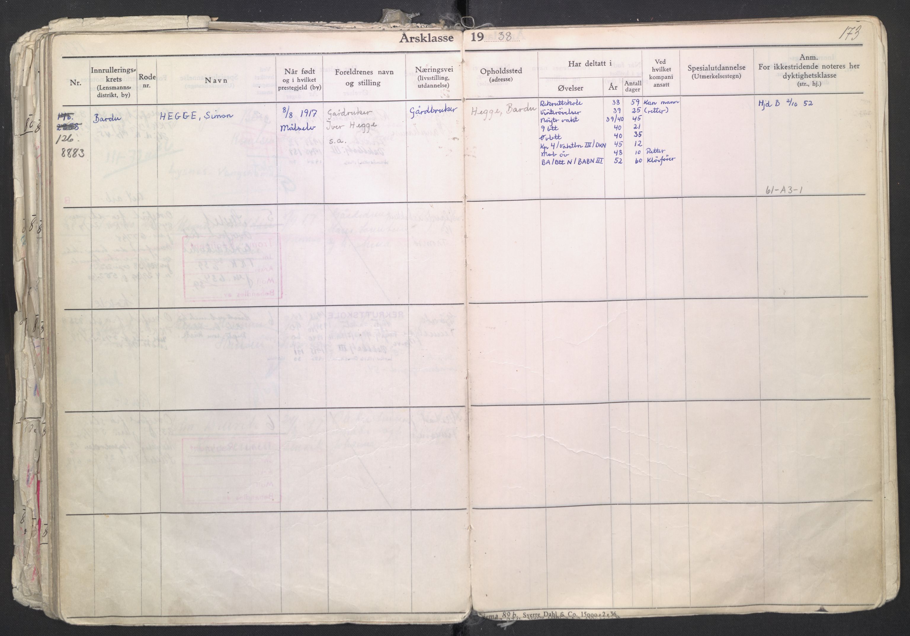 Forsvaret, Troms infanteriregiment nr. 16, AV/RA-RAFA-3146/P/Pa/L0007/0003: Ruller / Rulle for regimentets menige mannskaper, årsklasse 1938, 1938, p. 173