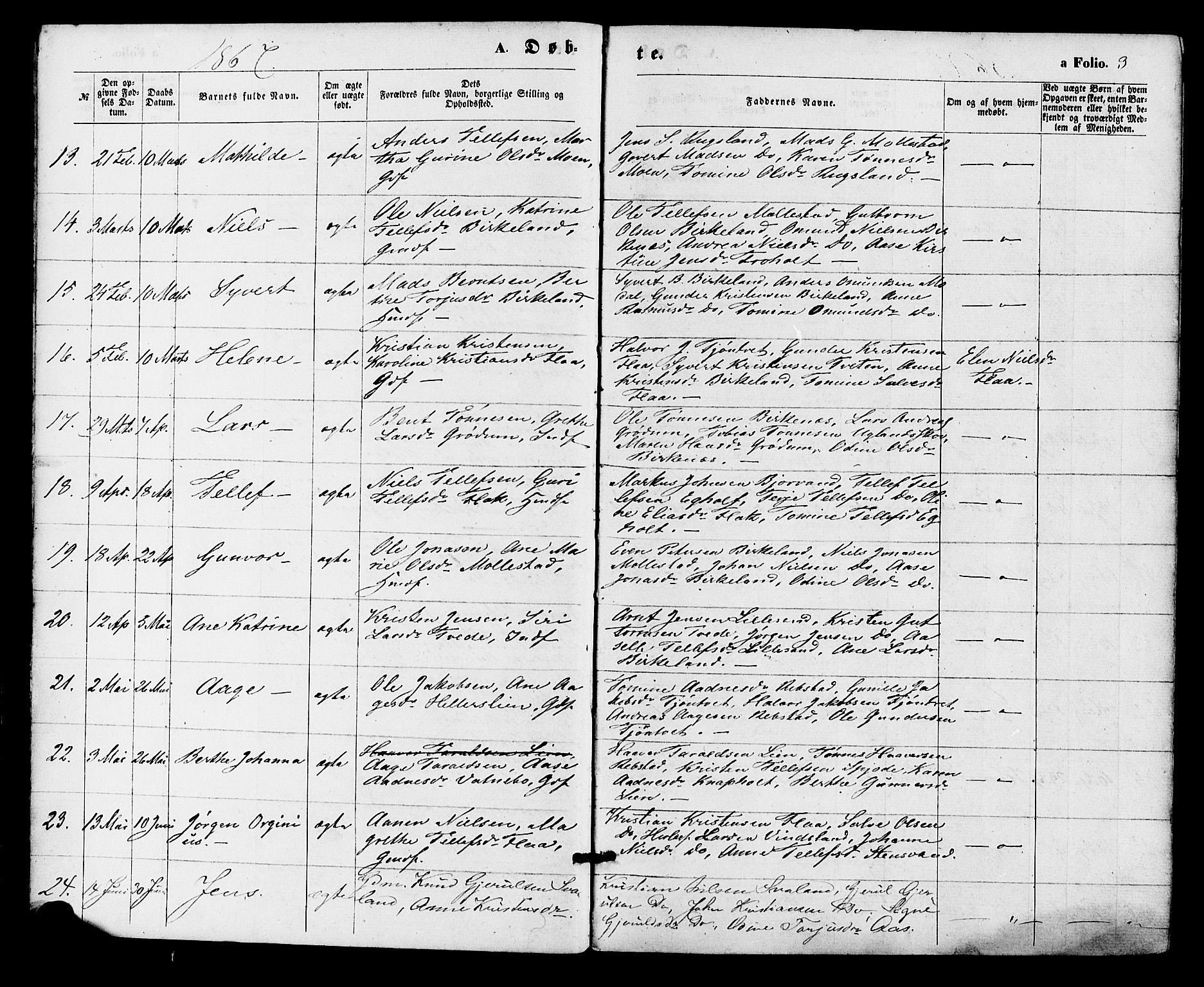 Birkenes sokneprestkontor, AV/SAK-1111-0004/F/Fa/L0004: Parish register (official) no. A 4, 1867-1886, p. 3