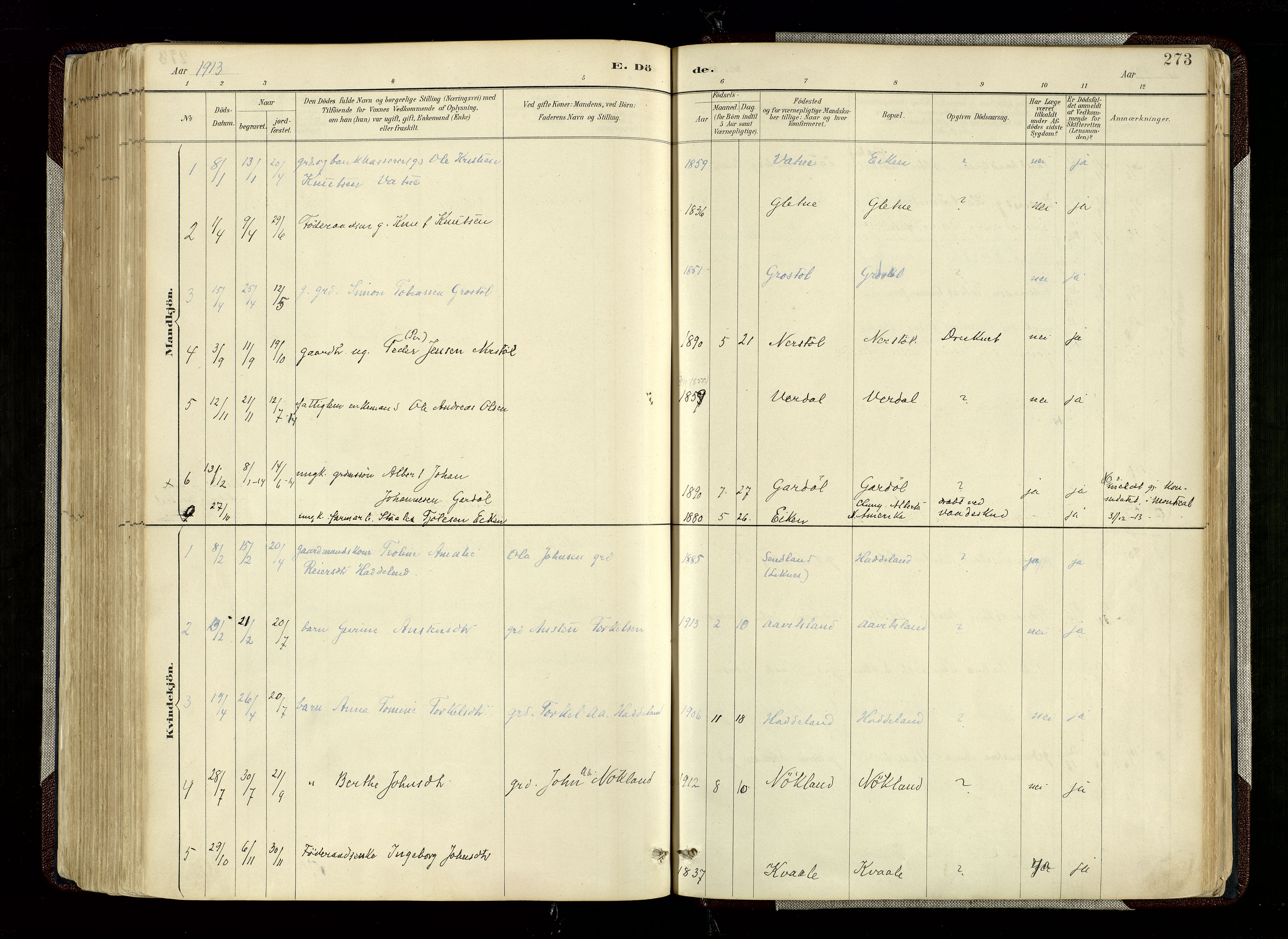 Hægebostad sokneprestkontor, SAK/1111-0024/F/Fa/Fab/L0004: Parish register (official) no. A 4, 1887-1929, p. 273