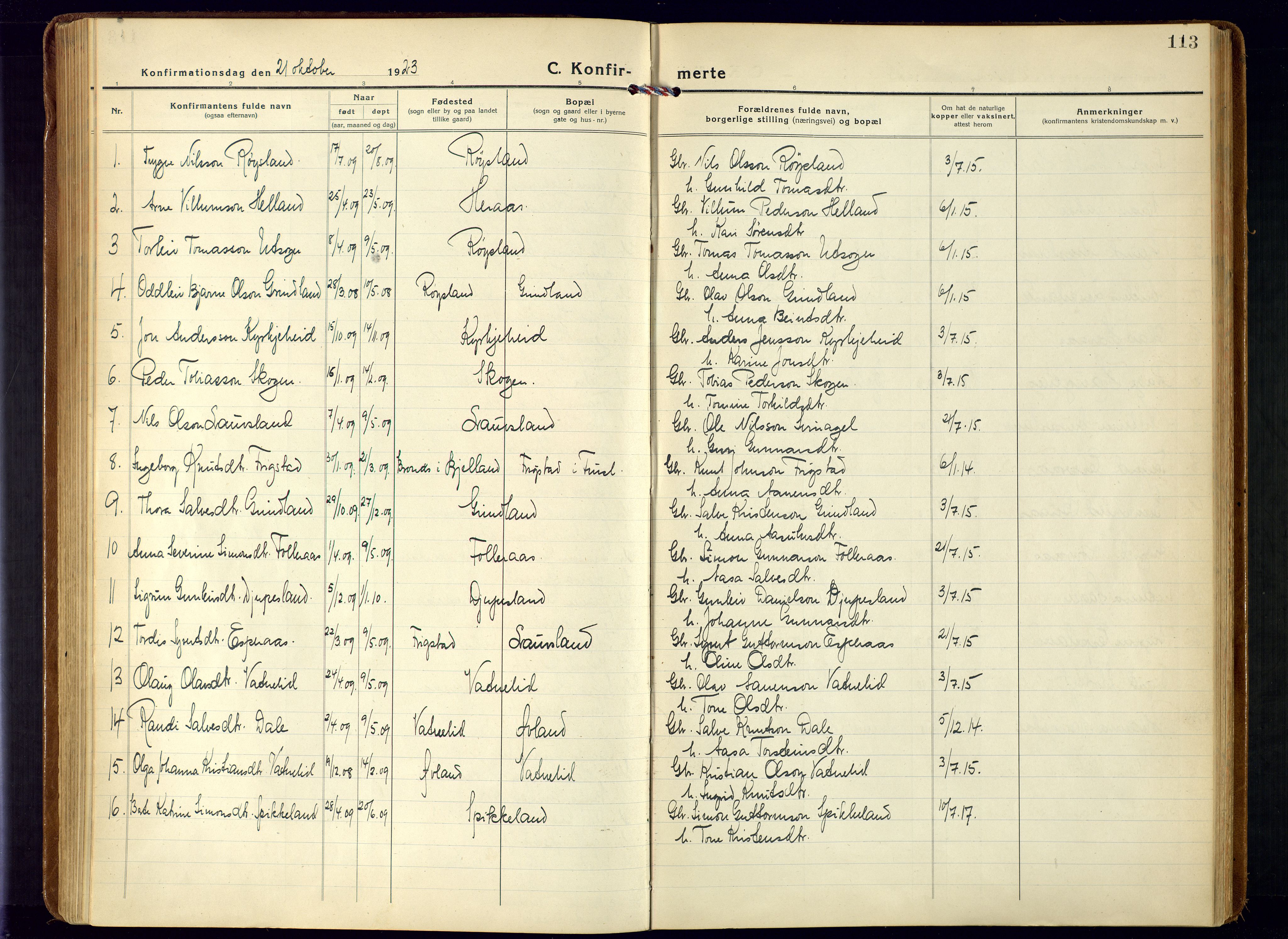 Bjelland sokneprestkontor, SAK/1111-0005/F/Fa/Fab/L0005: Parish register (official) no. A 5, 1921-1951, p. 113