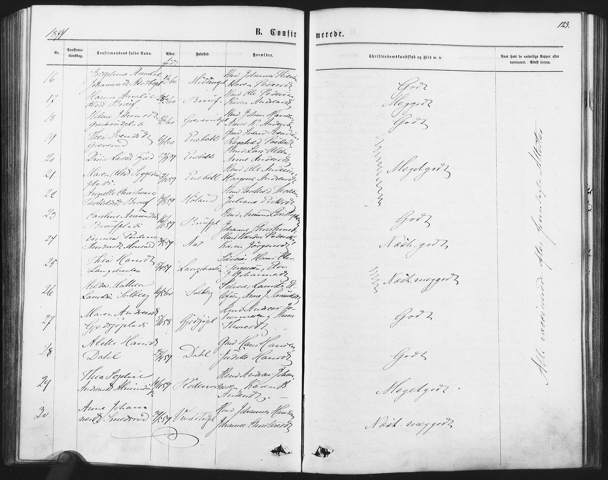 Kråkstad prestekontor Kirkebøker, AV/SAO-A-10125a/F/Fa/L0008: Parish register (official) no. I 8, 1870-1879, p. 123