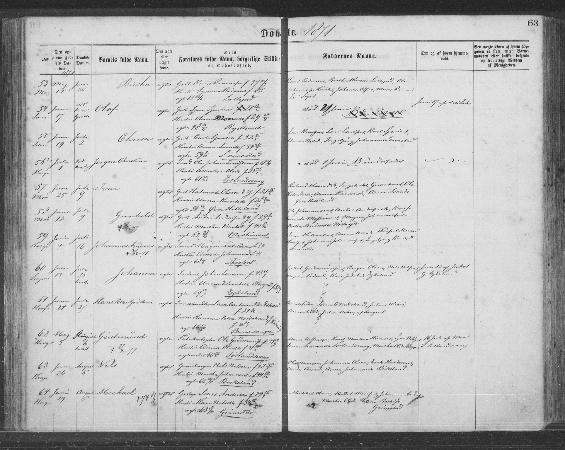 Hosanger sokneprestembete, SAB/A-75801/H/Haa: Parish register (official) no. A 9, 1864-1876, p. 63