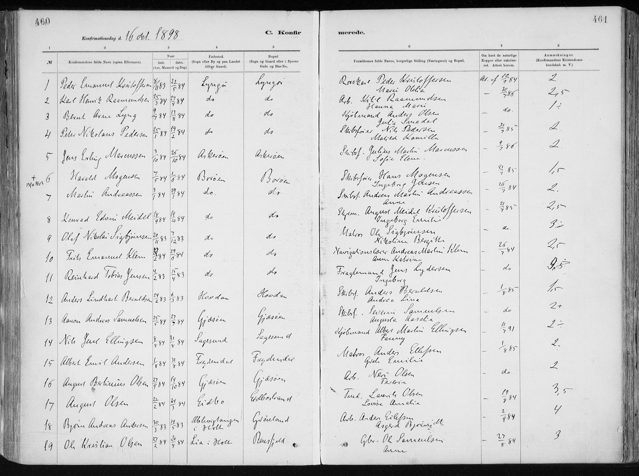 Dypvåg sokneprestkontor, SAK/1111-0007/F/Fa/Faa/L0008: Parish register (official) no. A 8, 1885-1906, p. 460-461