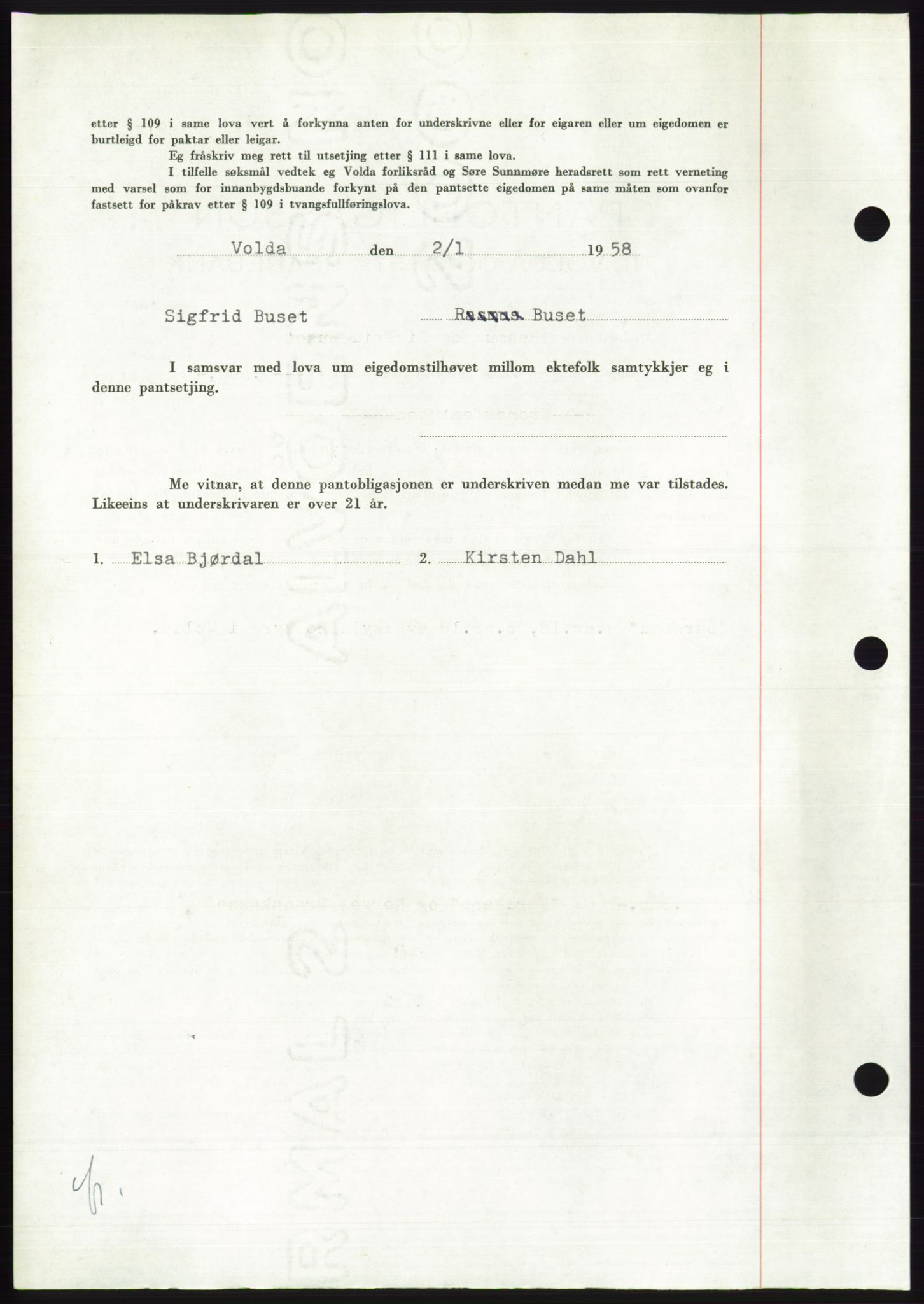 Søre Sunnmøre sorenskriveri, AV/SAT-A-4122/1/2/2C/L0130: Mortgage book no. 18B, 1957-1958, Diary no: : 1/1958