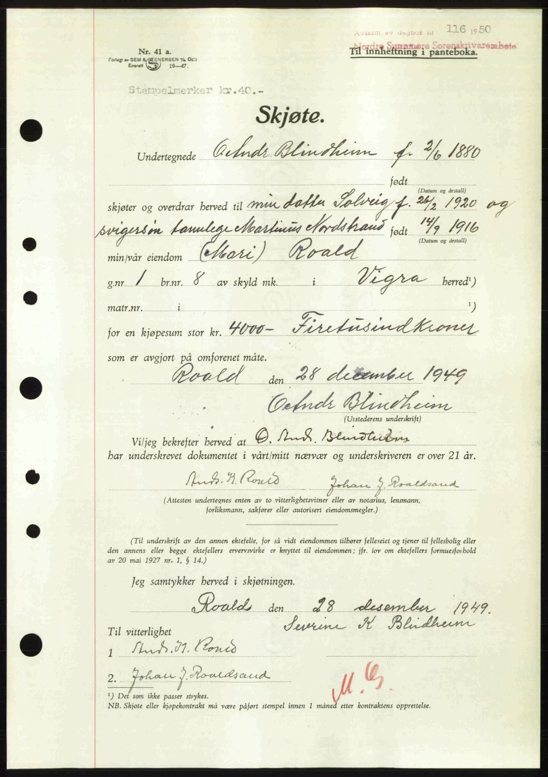 Nordre Sunnmøre sorenskriveri, AV/SAT-A-0006/1/2/2C/2Ca: Mortgage book no. A33, 1949-1950, Diary no: : 116/1950