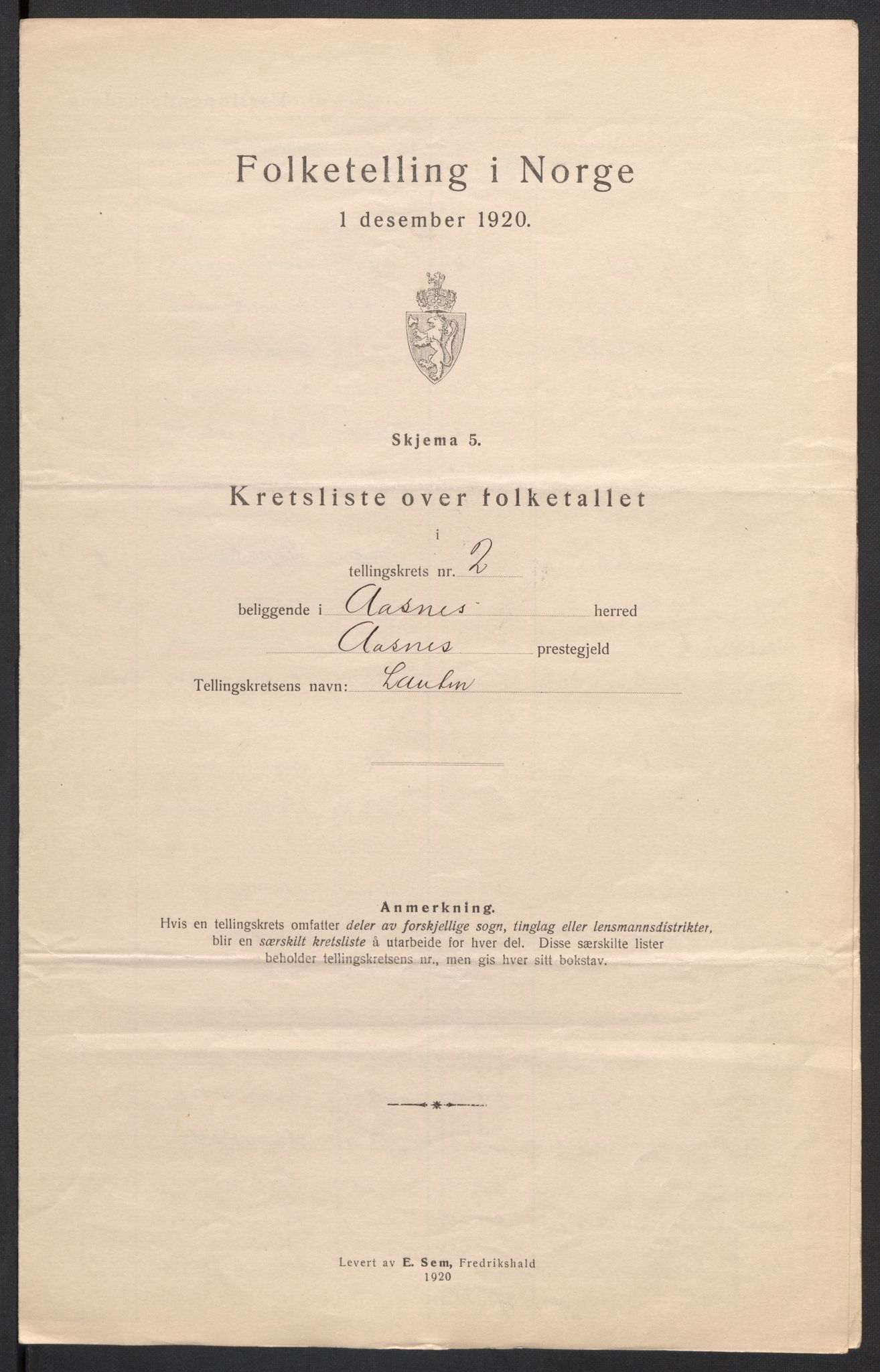 SAH, 1920 census for Åsnes, 1920, p. 9