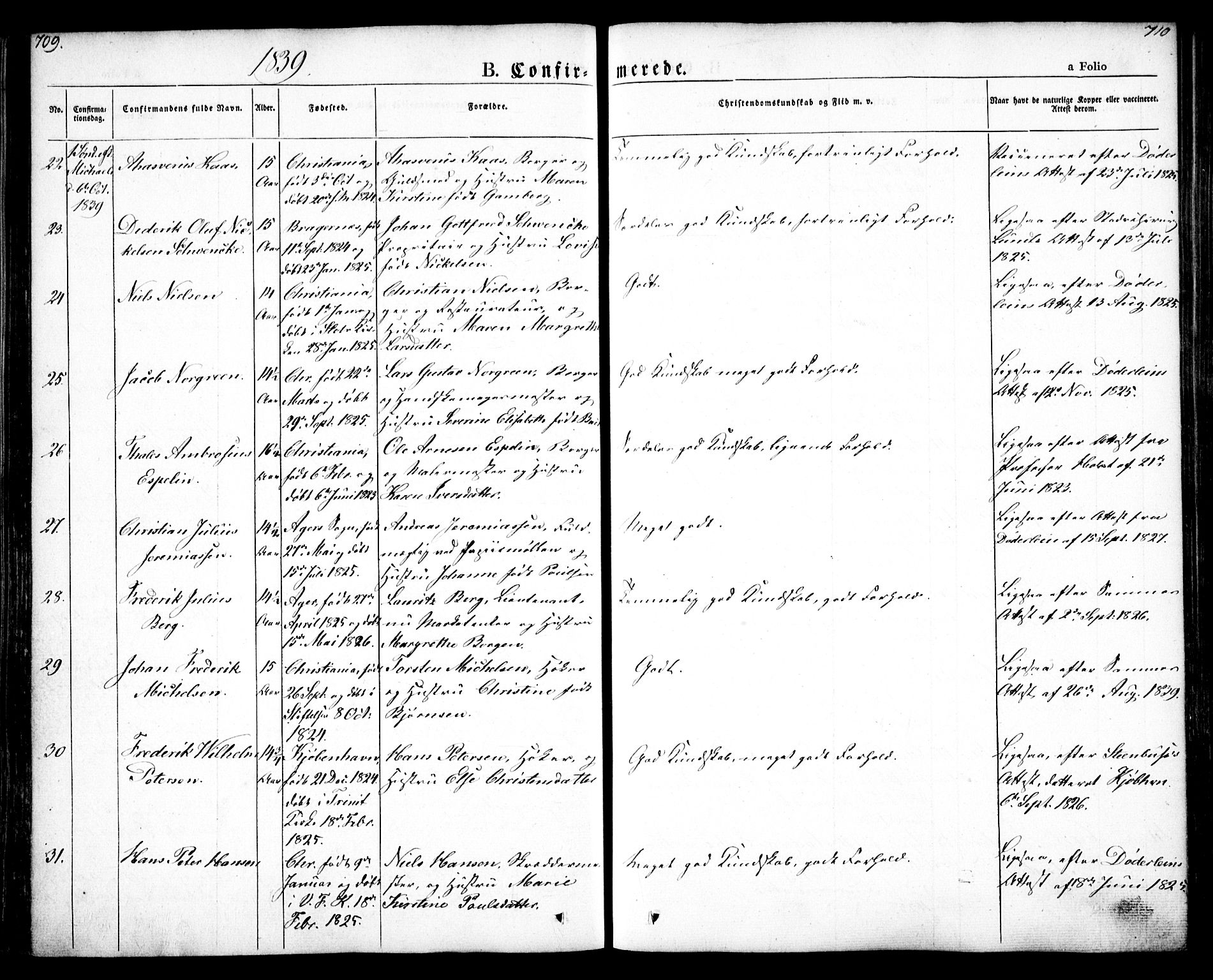 Oslo domkirke Kirkebøker, AV/SAO-A-10752/F/Fa/L0012: Parish register (official) no. 12, 1837-1845, p. 709-710