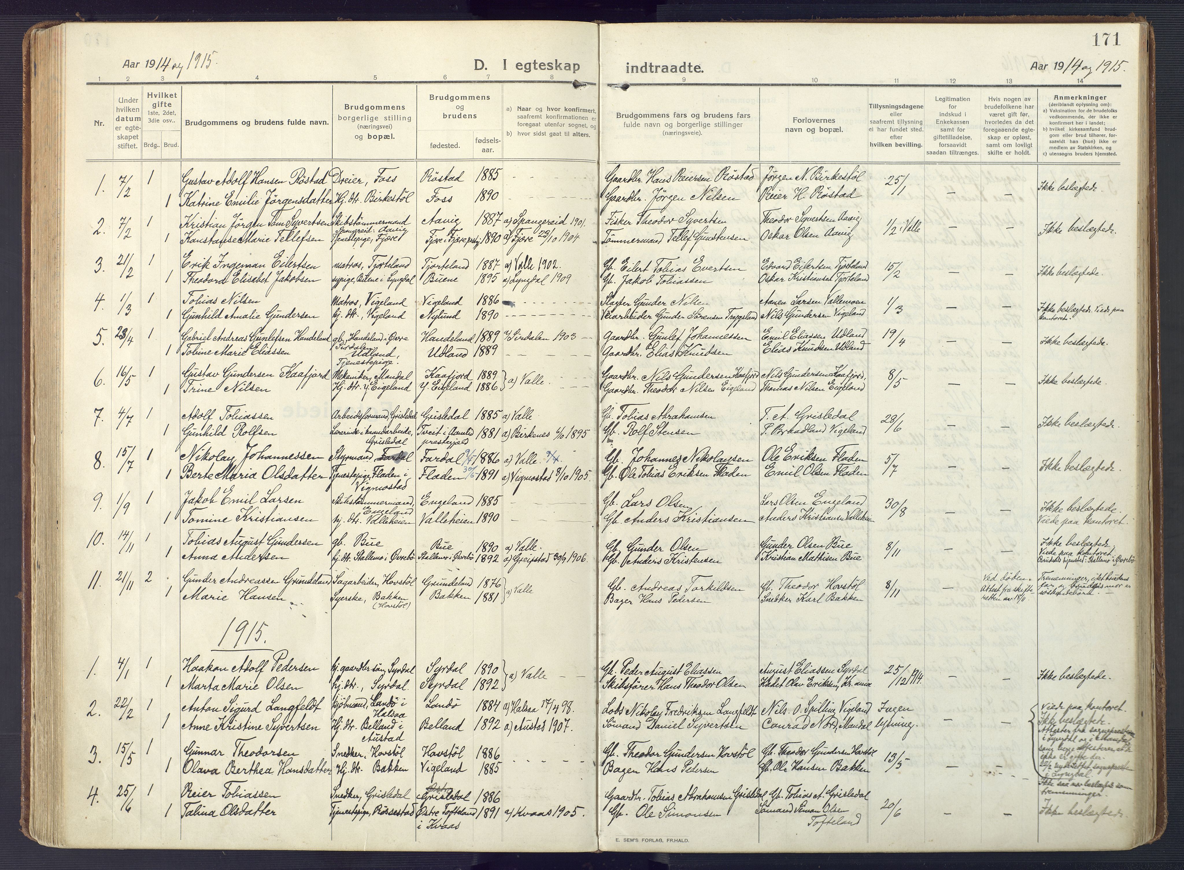 Sør-Audnedal sokneprestkontor, AV/SAK-1111-0039/F/Fa/Fab/L0011: Parish register (official) no. A 11, 1912-1938, p. 171