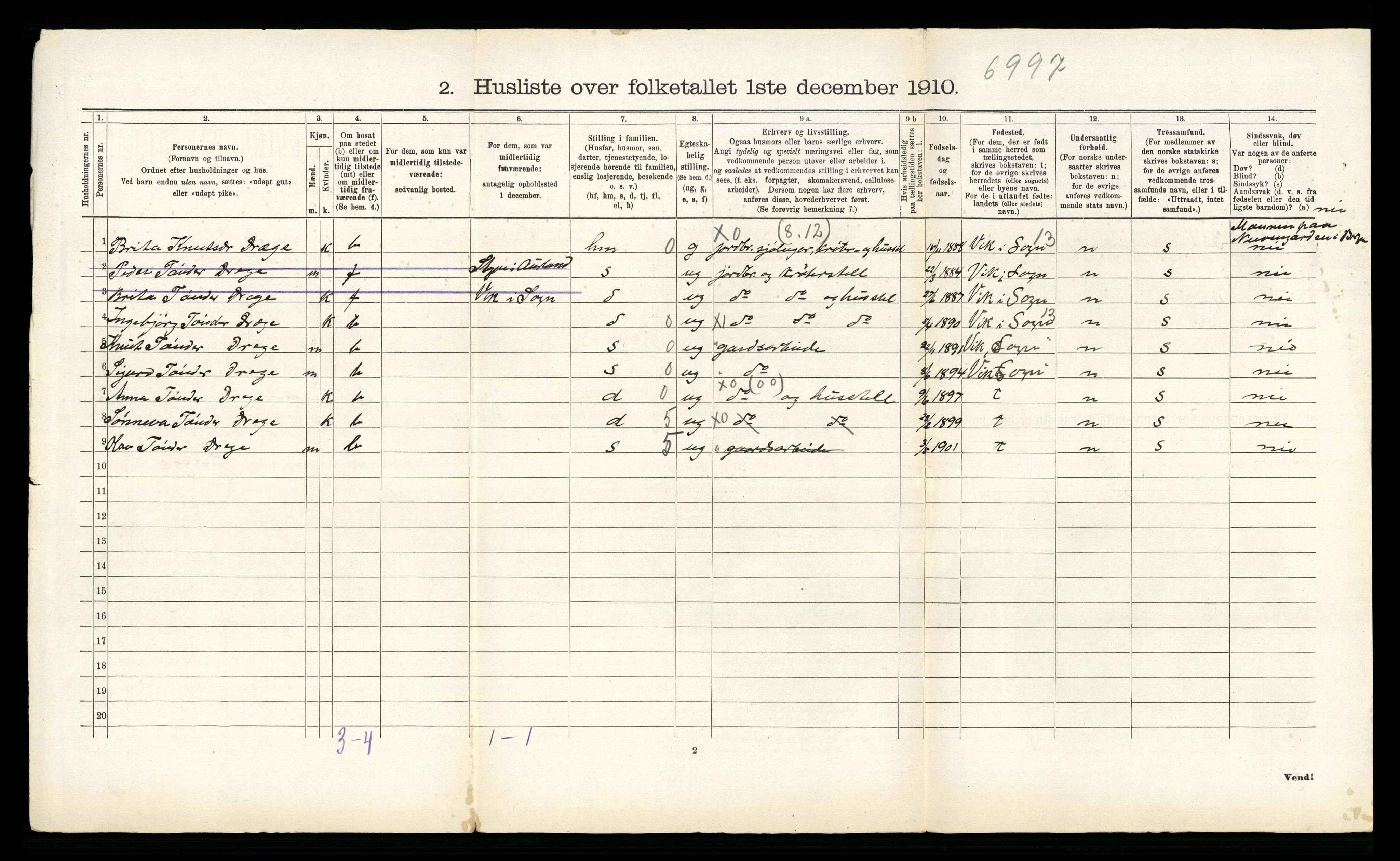 RA, 1910 census for Aurland, 1910, p. 140