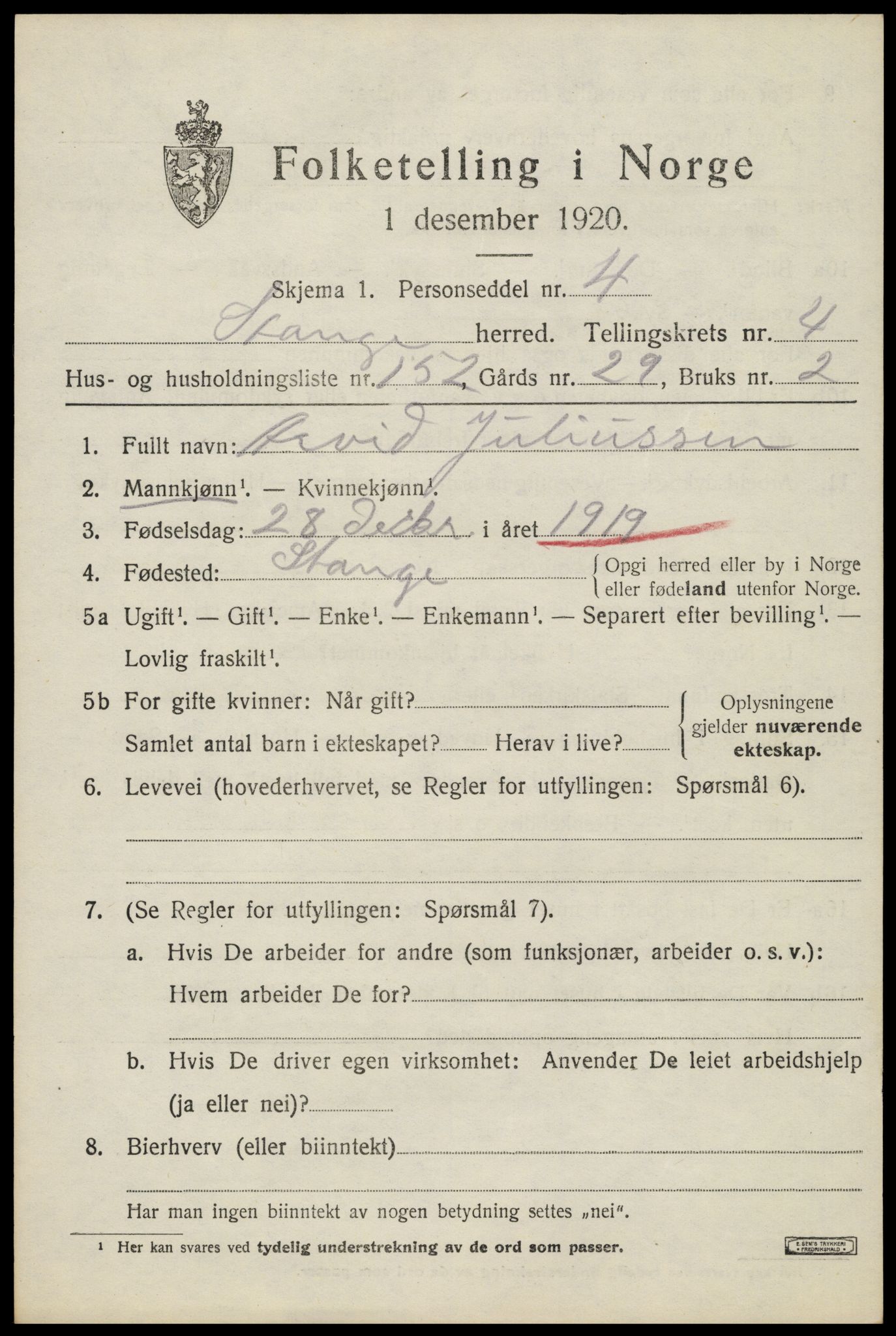 SAH, 1920 census for Stange, 1920, p. 8895