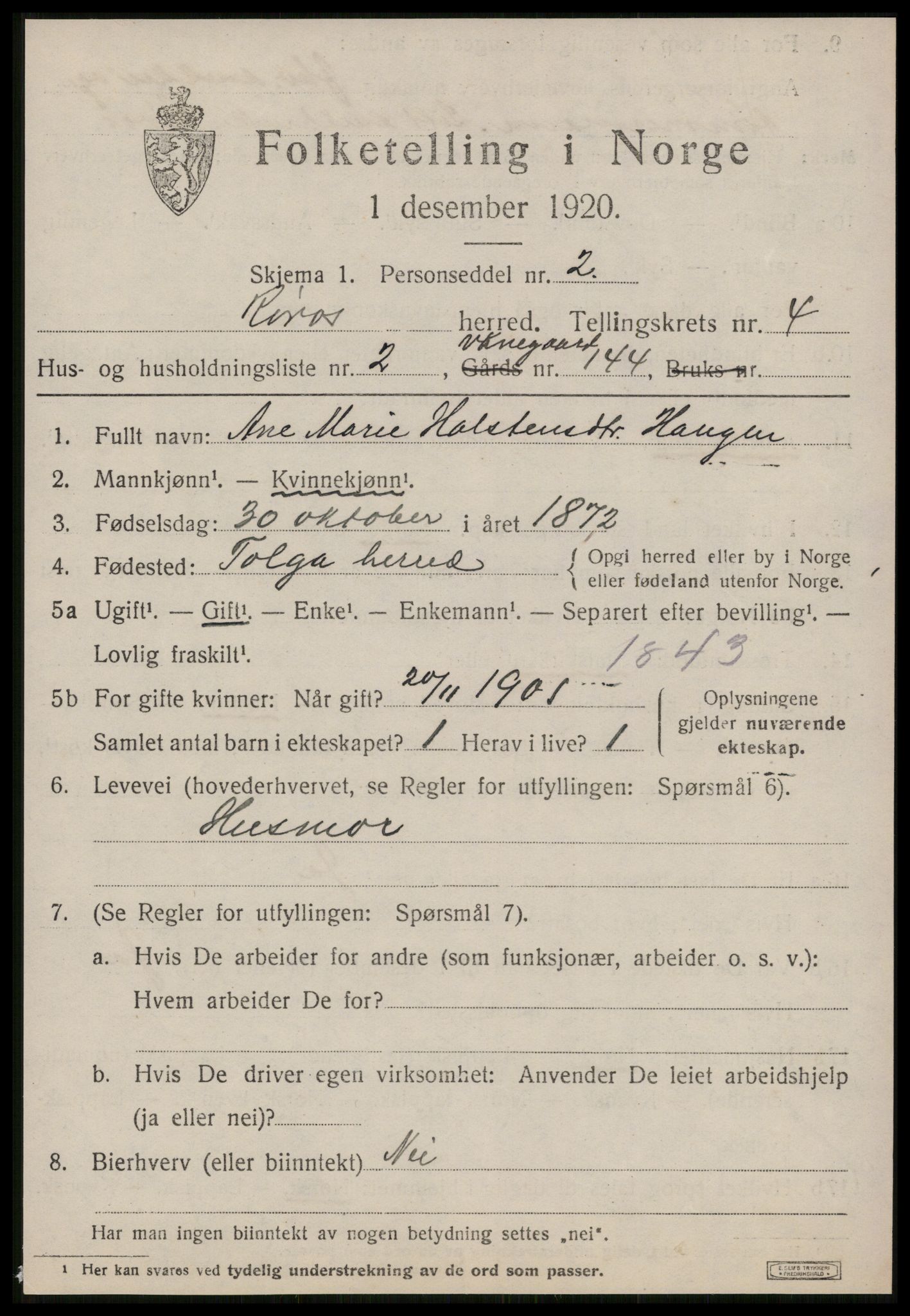 SAT, 1920 census for Røros, 1920, p. 4518