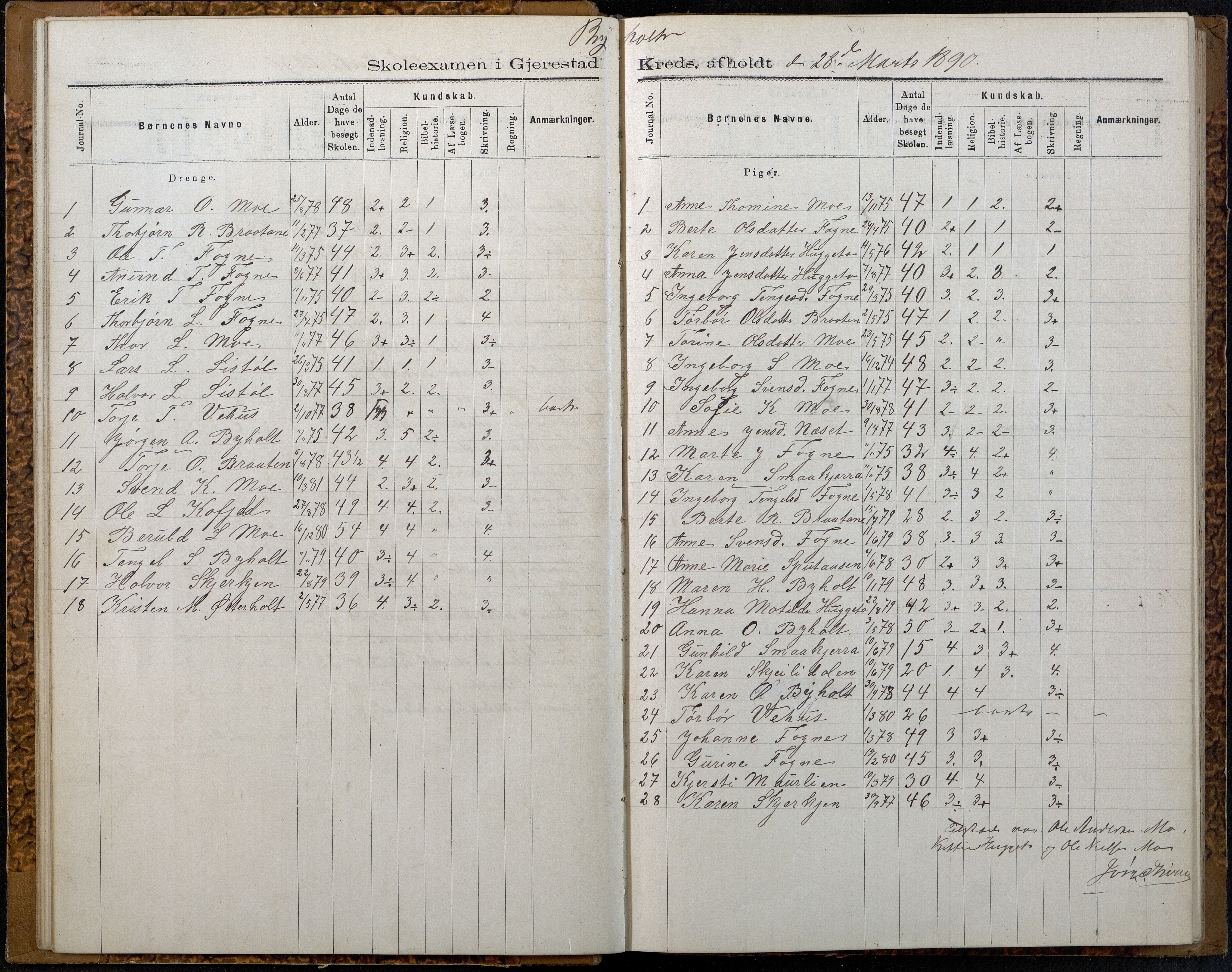 Gjerstad Kommune, Gjerstad Skole, AAKS/KA0911-550a/F02/L0007: Eksamensprotokoll Gjerstad hovedsogn, 1889-1892