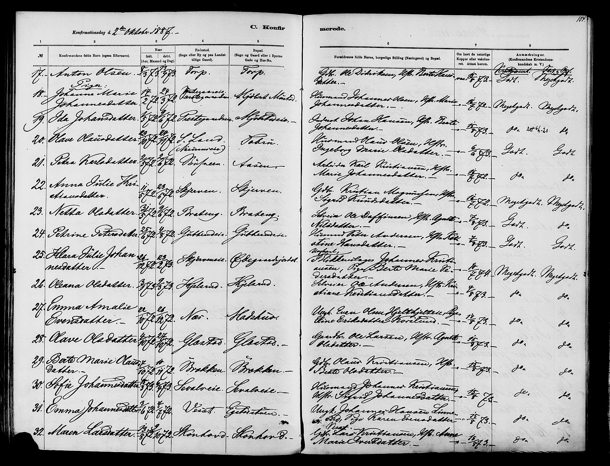 Vardal prestekontor, SAH/PREST-100/H/Ha/Haa/L0010: Parish register (official) no. 10, 1878-1893, p. 104